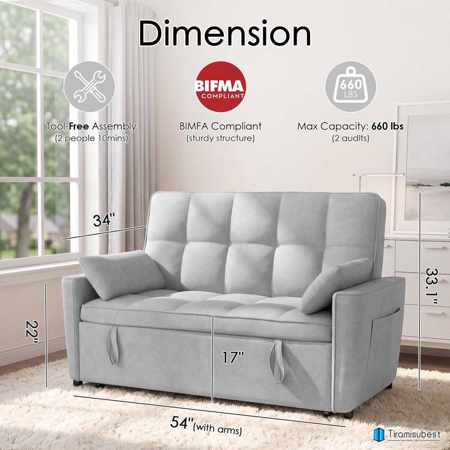 tiramisubest 54'' Sleeper Sofa Bed, Convertible Pull Out Couch Futon for for Living Room,Apartment (Ashgrey, Loveseat) Side Pockets, Velvet Fabric, Adjustable Backrest, Pull-Out Bed, Easy Assembly