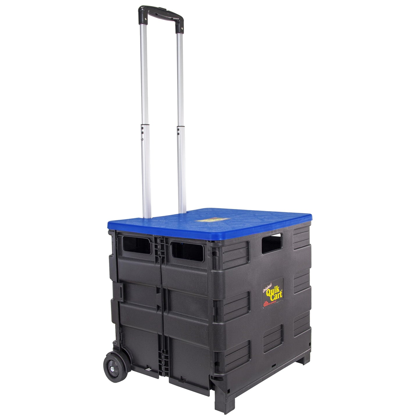 dbest products Quik Cart Collapsible Rolling Crate on Wheels for Teachers Tote Basket, 80 lbs Capacity, Blue Lid Made from Heavy Duty Plastic and used as a Seat