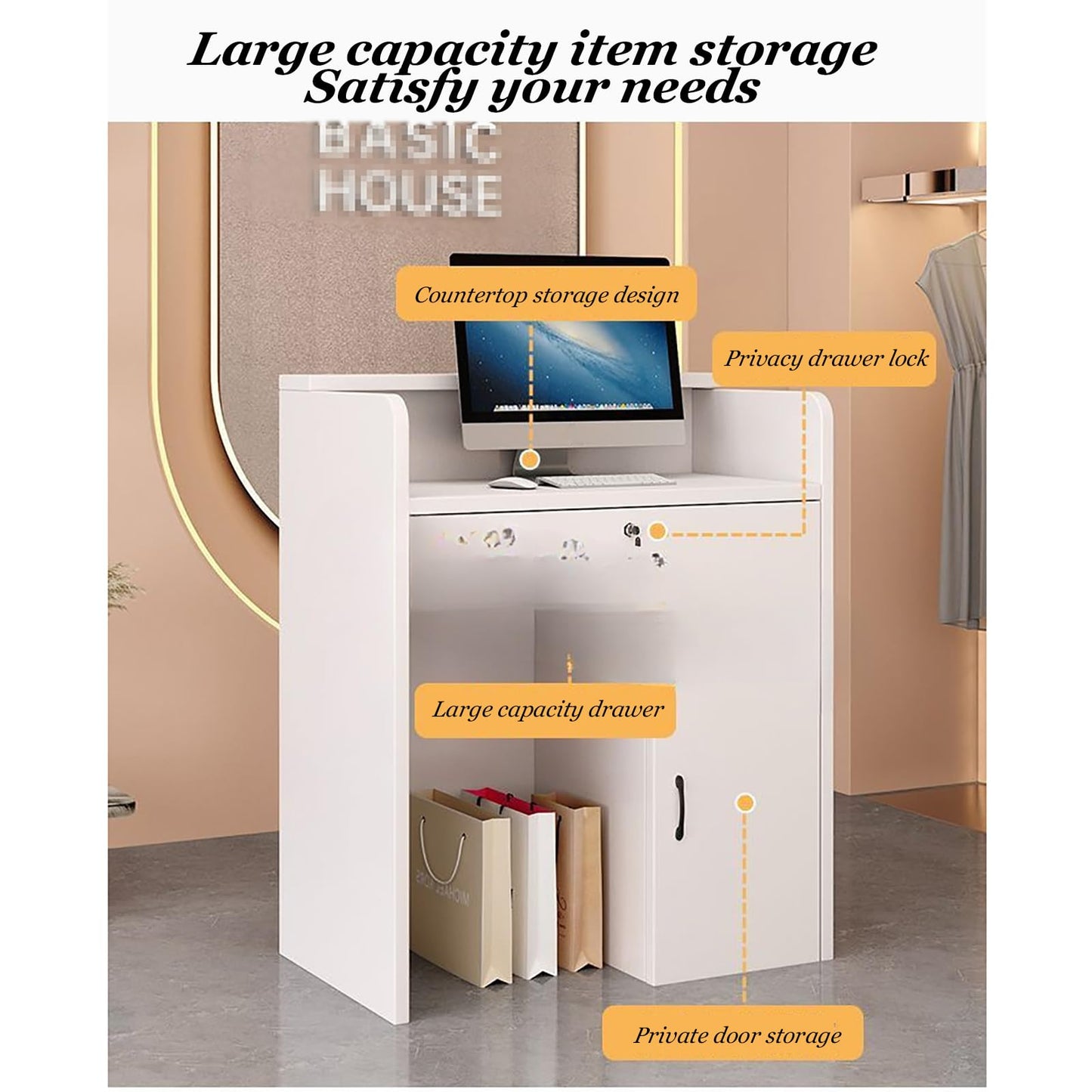 Reception Desk Counter Table - L-Shaped Cashier Front Desk, Wooden Design with Open Shelves & Drawers, Modern Retail Counter for Supermarkets, Convenience Stores & Hotels