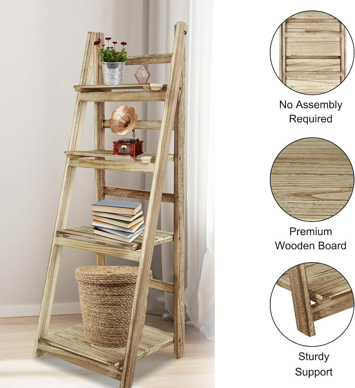 Wooden Ladder Shelf 4 Tier Bookshelf Foldable Storage Rack for Home, Bedroom, or Office (Natural Color)