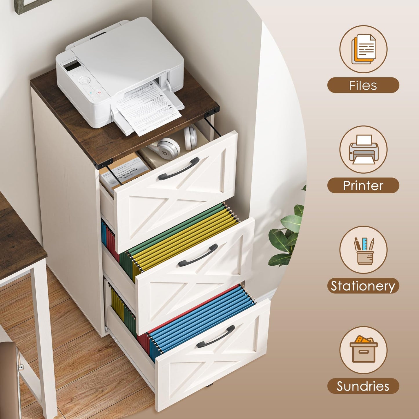 Halitaa 3 Drawer Tall File Cabinet with Wheels, Farmhouse Vertical Filing Cabinet Fits Letter/A4 Size, Rolling File Cabinets Wooden Printer Stand for Home Office, Rustic White and Brown