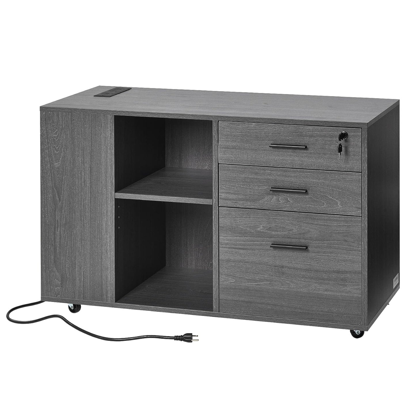 VEVOR 3 Drawer Wooden File Cabinet, Mobile Filing Cabinet with Power Strip, Lockable Rolling File Storage with Adjustable Shelves & 5 Wheels, Floor Standing Printer Stand for Home Office School, Gray