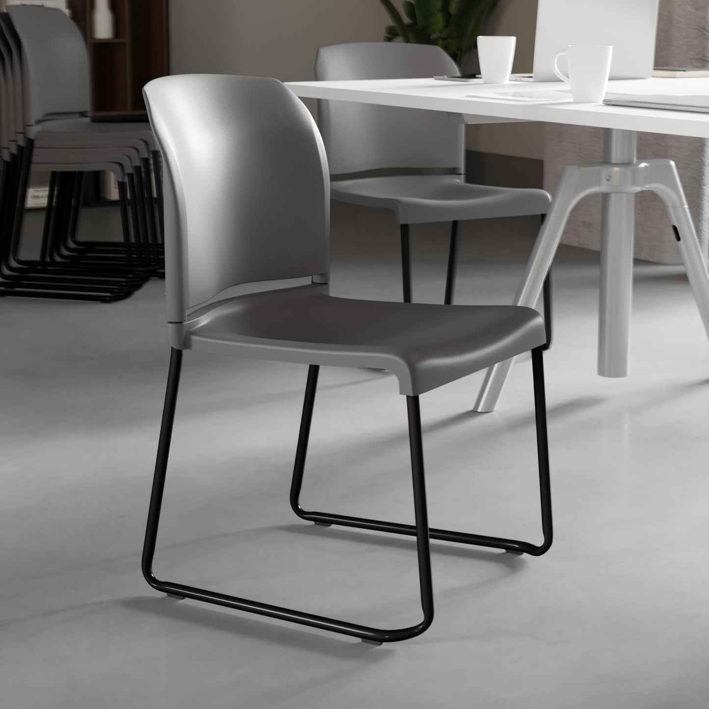 Flash Furniture HERCULES Series 880 lb. Capacity Gray Full Back Contoured Stack Chair with Black Powder Coated Sled Base