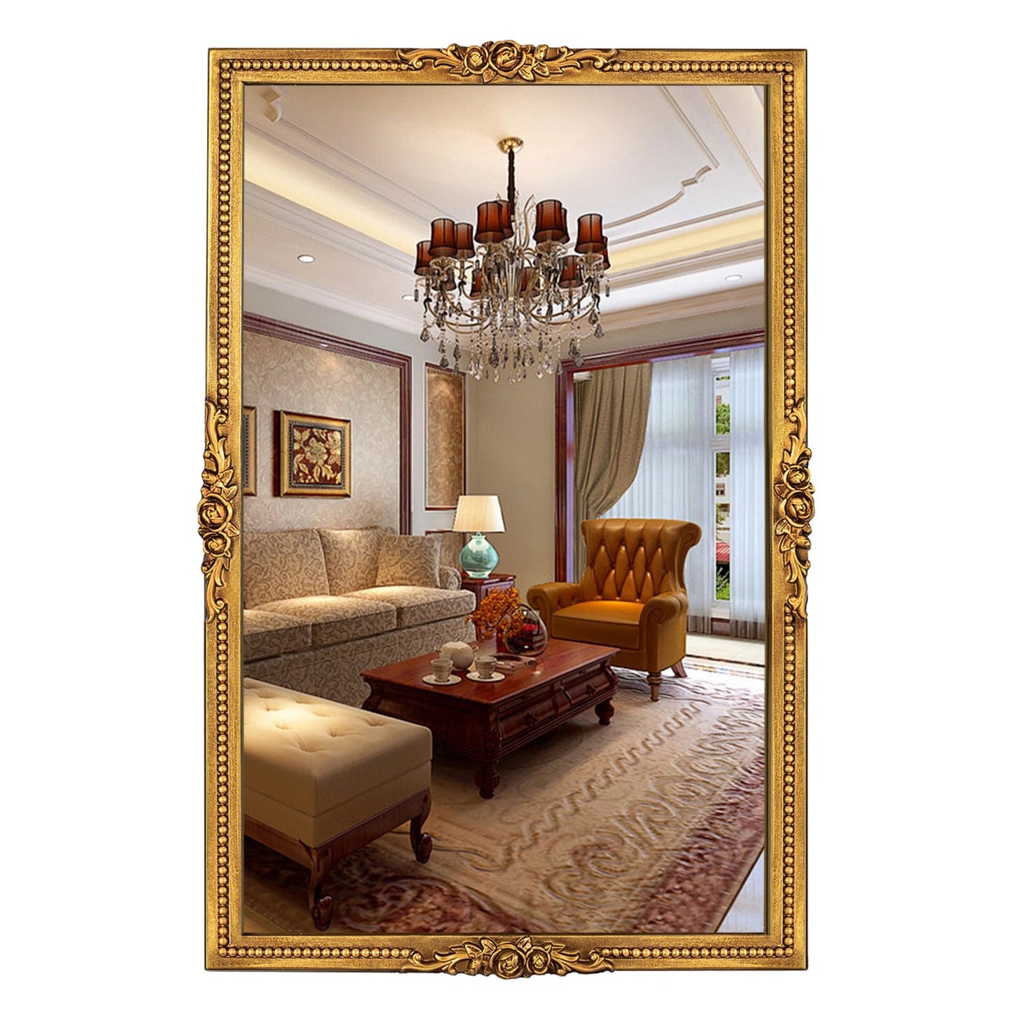 Varsoul Antiqued Gold Wall Mirror with Beaded Frame – 24 * 36in Traditional & Flourish Baroque Ornate Rectangle Mirror for Over Fireplace/Entryway Vanity, Living Room or Event – Home Décor
