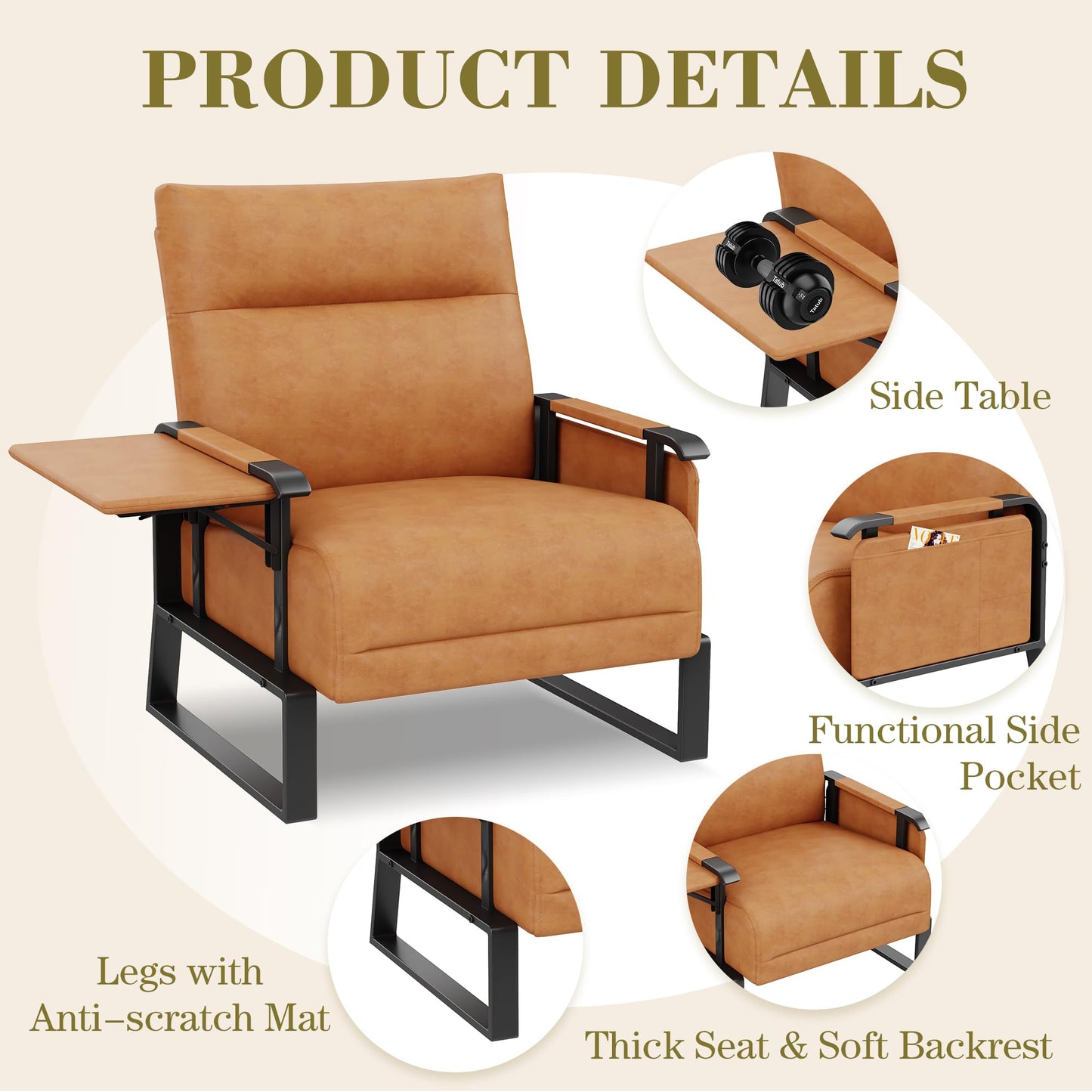 Apeaka PU Leather Accent Chair Upholstered Armchair with Side Table for Bedroom Living Room Chairs Office Club Chair Brown