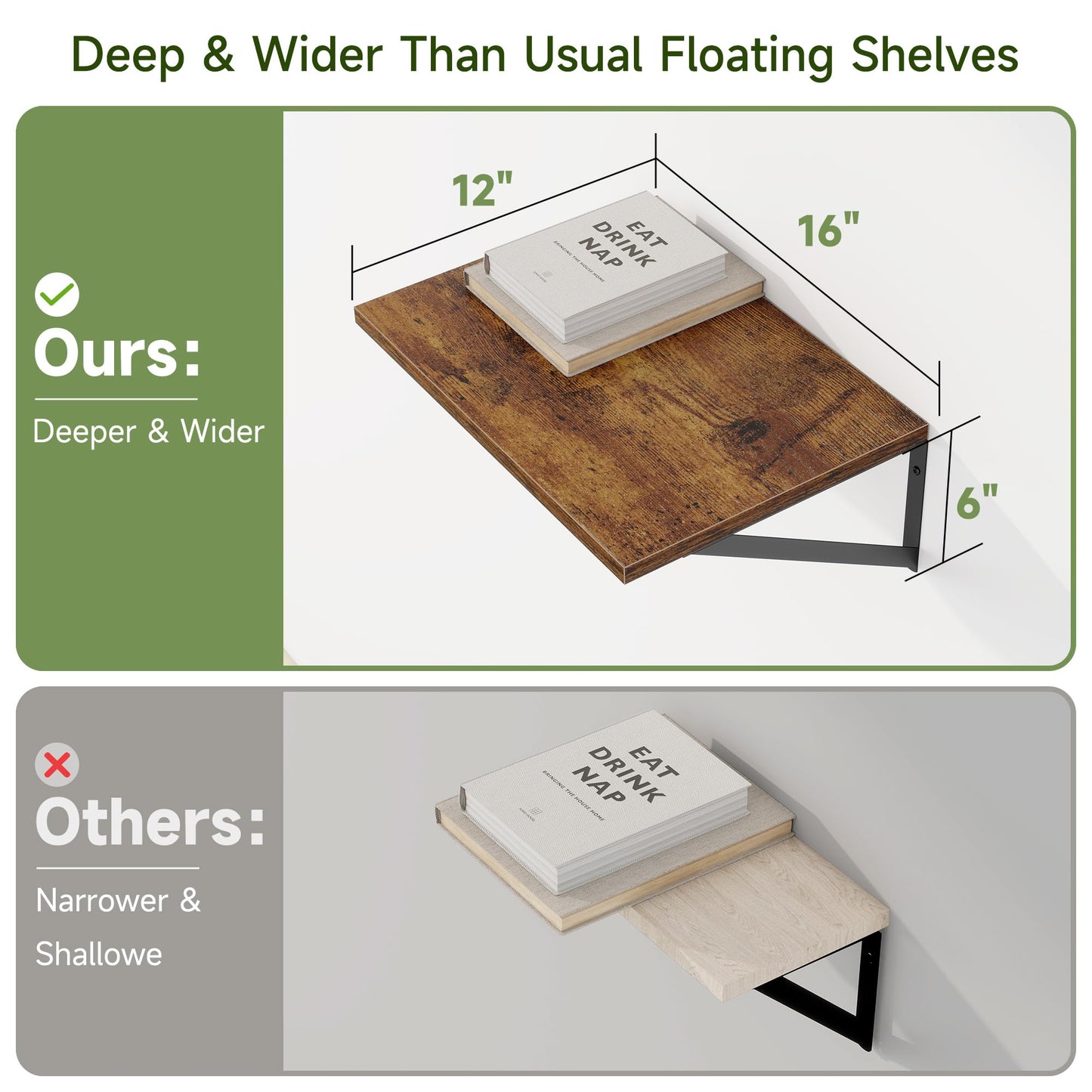 Heimlove Deep Floating Shelves for Wall, Wood Wall, Wide Floating Bookshelf for Living Room, Kitchen, Office, Bedroom and Decor Storage,Rustic Brown with Metal Bracket, 16wx12dx5.8h, 4Shelves