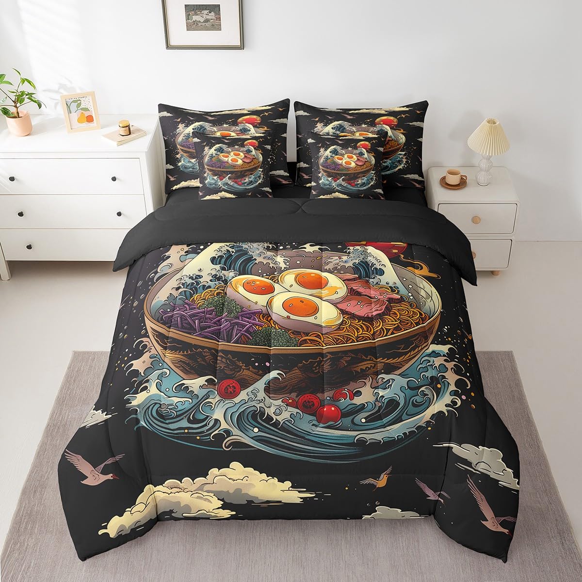 Erosebridal Ramen Noodle Queen Bedding Set,Japanese Ocean Waves Bed Set 7 Piece Funny Food Gifts for Ramen Lovers,Japanese Crane Comforter Set with Fitted+Flat Sheet,Pillowcases,Throw Pillow Covers