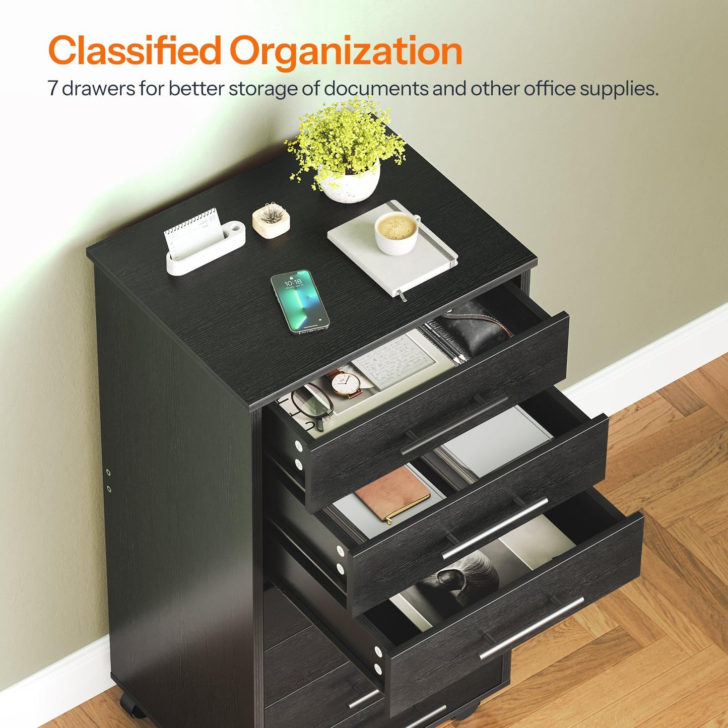 HOOBRO 7-Drawer File Cabinet, Wooden Office Cabinet with Drawers, Mobile Storage Cabinet, for Home Office, Study, Easy Assembly, Black BK07WJ01