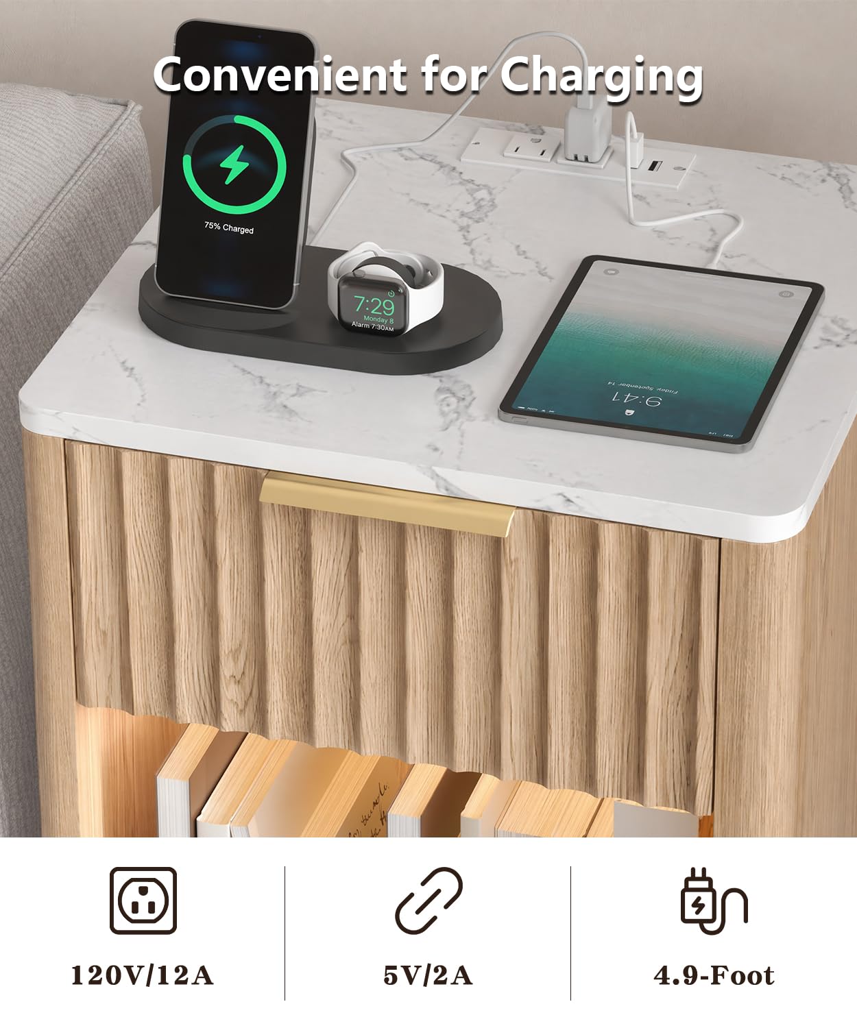 Akxomel Fluted Nightstand, Wooden Night Stand with Charging Station and LED Light, Modern Bedside Table with Drawer and Faux Marble Top, 15" D x 15.7" W x 22.6" H, for Bedroom, Natural Oak and White