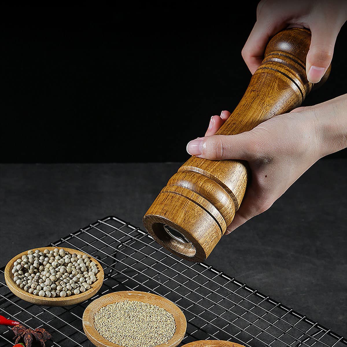 BINHAI Wooden Pepper Mill Pepper Grinder Kit Manual mills Solid With Strong Adjustable Ceramic Grinders Set 8 Inches