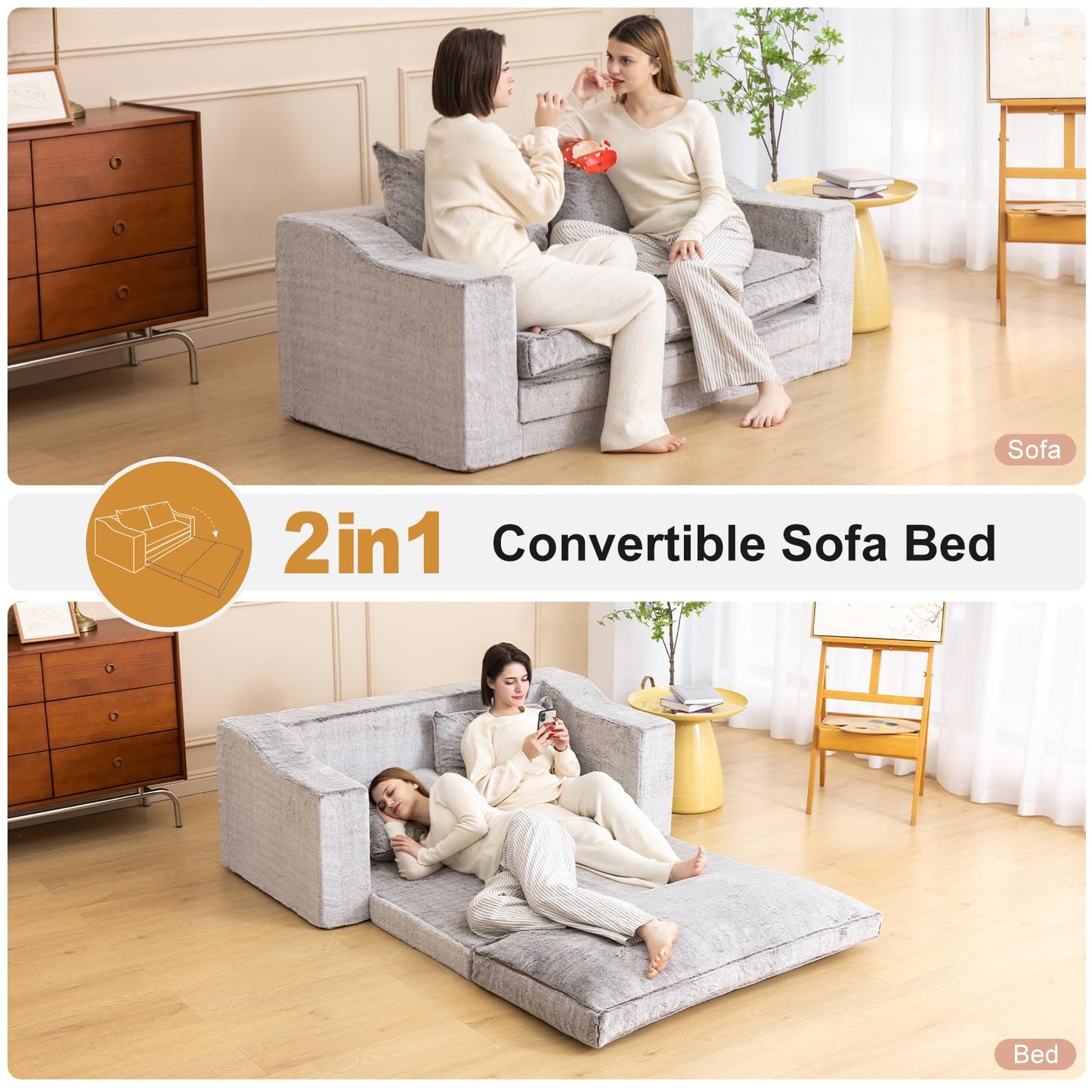 61" Convertible Sofa Bed Loveseat, Memory Foam Boneless Floor Couch with Removable Faux Fur Cover, Tri-folding Compact Full-size Sleeper for Small Living Room, Playroom, Guest Room, RV (White-Coffee)