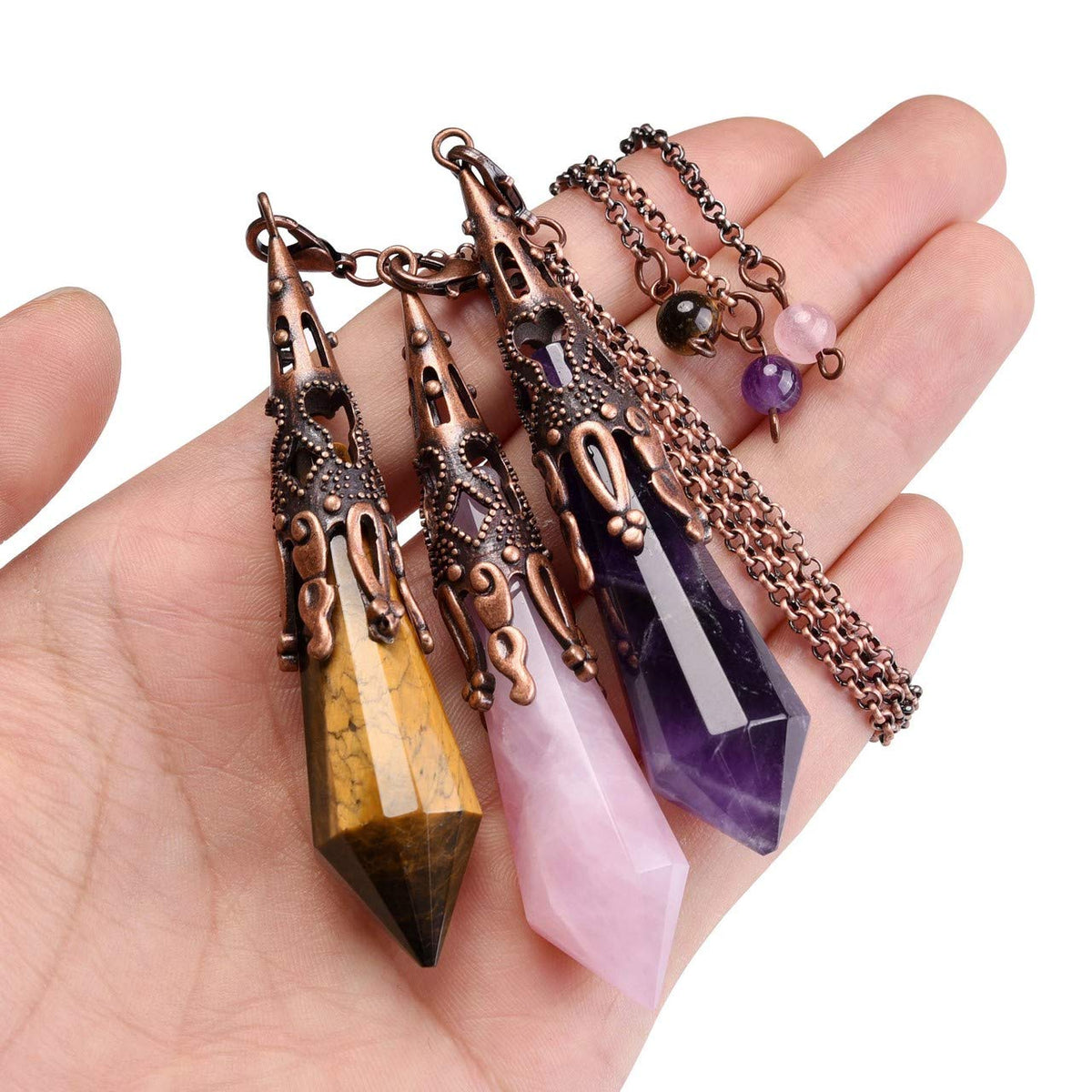 Jovivi 3pcs Natural Amethyst Rose Quartz Crystal 12 Facted Therapy Healing Dowsing Divination Pendulum Reiki Charged Chakra Balancing Pendant with Chain