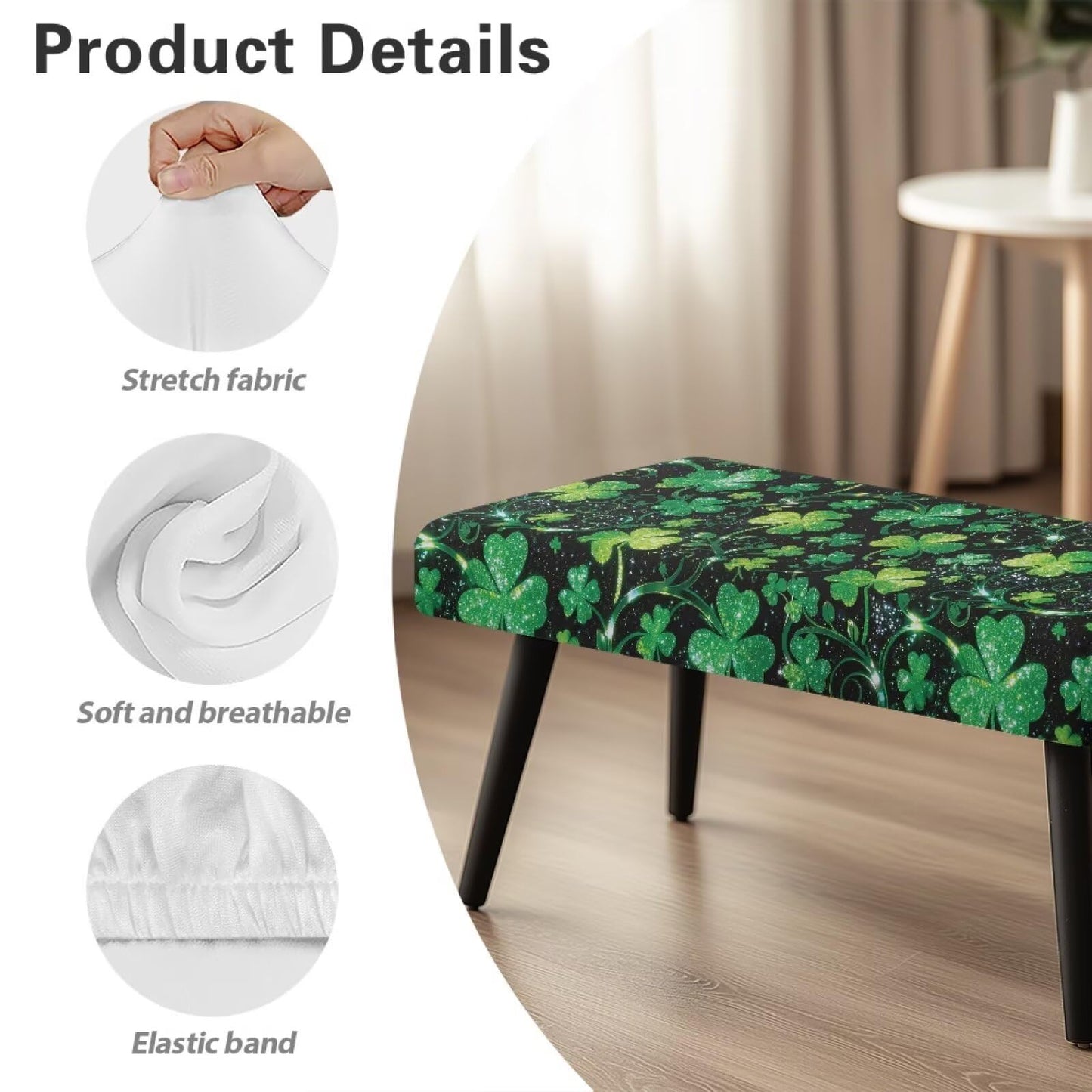 Cugasmaru Saint Patrick's Day Dining Bench Covers Soft Seat Cushion Protector Green Leaves Washable Stretch Dining Bench Cover for Dining Room Living Room Kitchen Easy to Clean