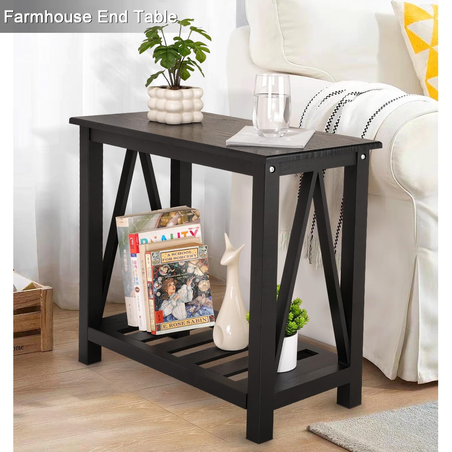 Narrow Side Table with Storage Shelf 2 Tier Wooden Nightstand Bedside Tables for Small Spaces Black Modern Accent Sofa Side Tables for Couch Living Room Bedroom Entryway