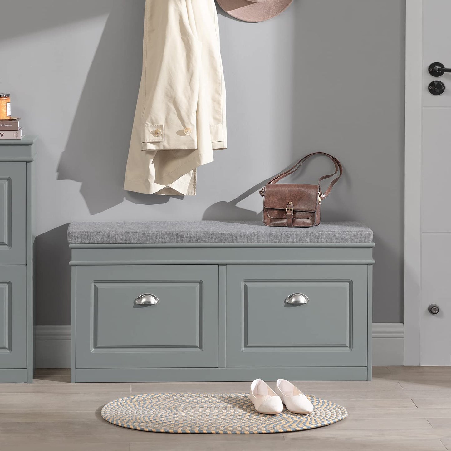 Haotian Grey Storage Shoe Bench with 2 Flip Drawers & Padded Seat Cushion, Enterway Bench Shoe Cabinet Shoe Organizer, Hidden Shoe Rack for Hallway, Bedroom FSR64-HG