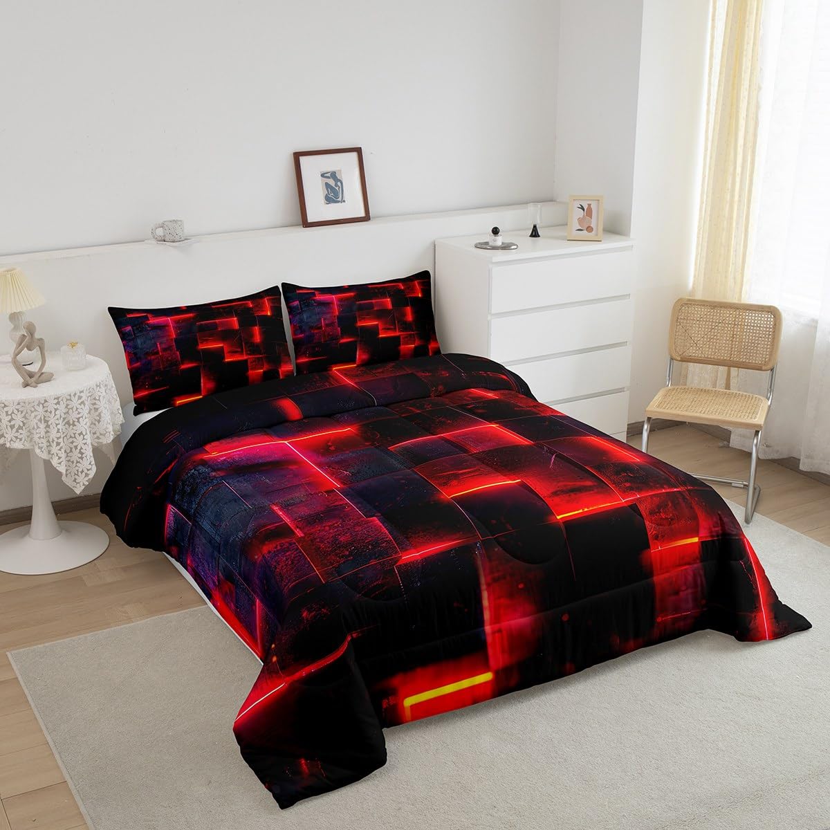 Erosebridal Black and Red Comforter Set Twin Modern Abstract Twin Bedding, 3D Glowing Plaid Bedding Comforter Sets Gradient Grid Duvet, Neon Square Quilted Comforter 2pcs (Black Reversible)