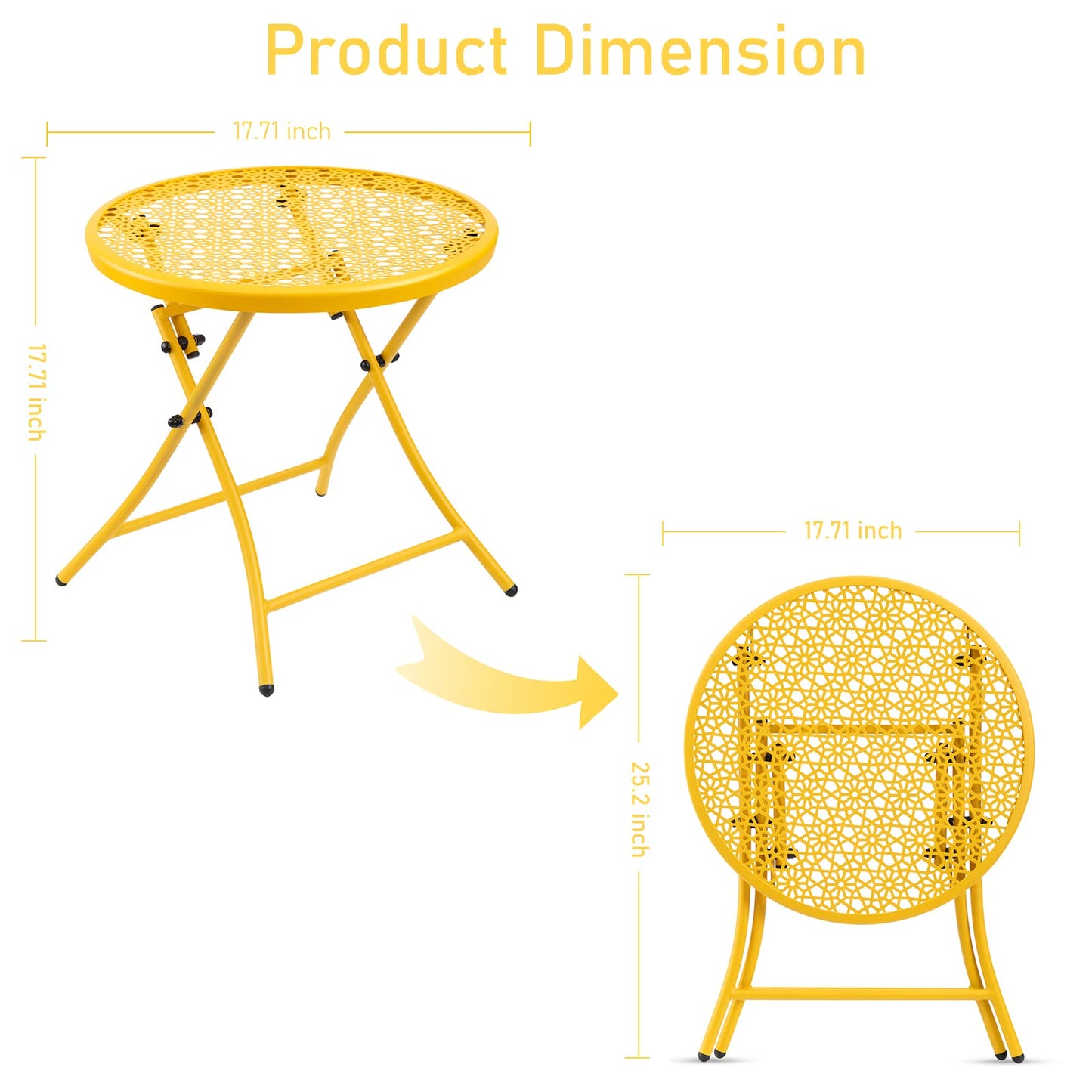 TeoKJ Folding Outdoor Side Tables, Anti Rust Small Patio Table Round Metal Nightstand with Flower Cutouts for Porch Yard Balcony Deck Lawn, Yellow