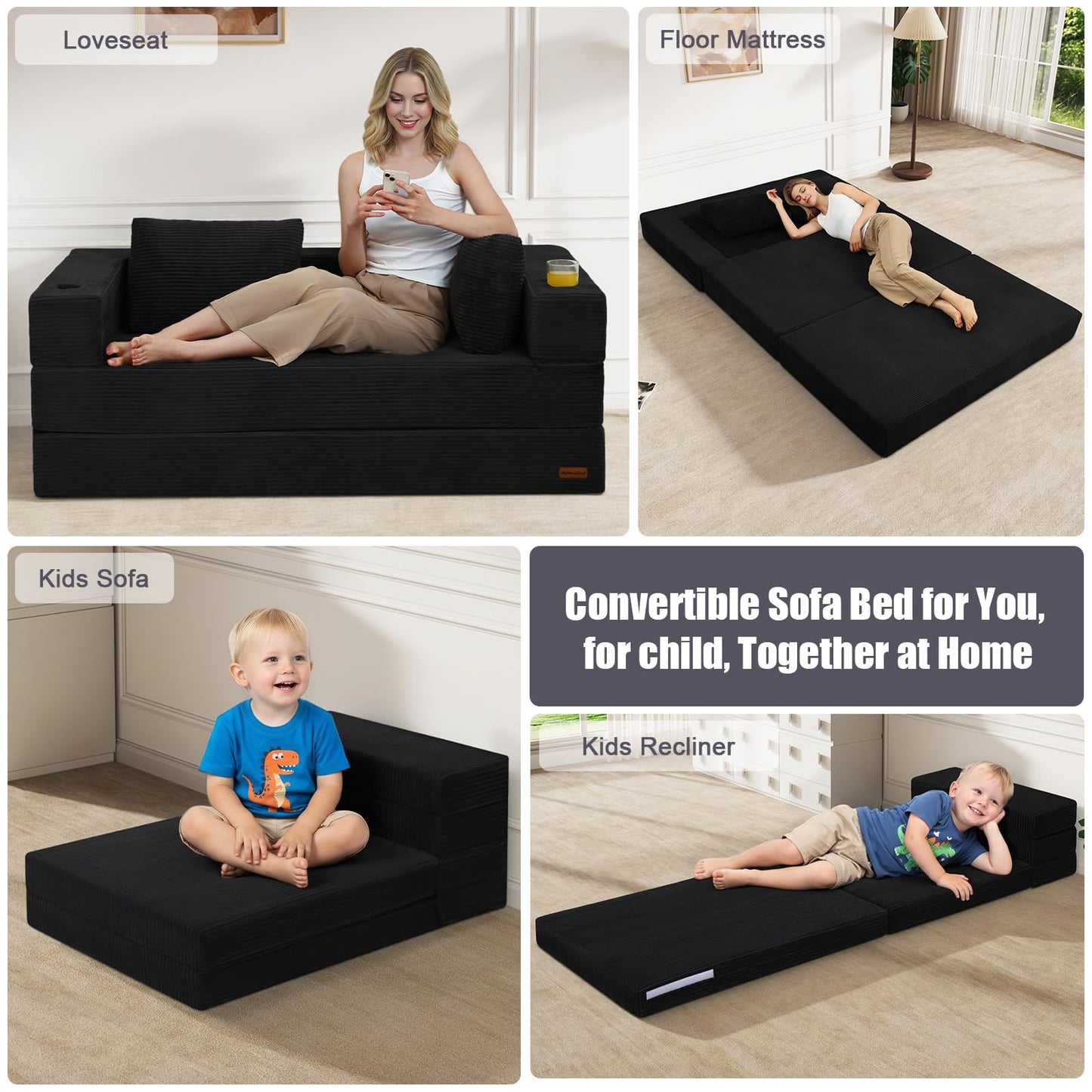 MeMoreCool Black Futon Couch Convertible Sofa Bed Queen, Folding Floor Couch Bed with Pillow, Corduroy Foldable Sofa Sleeper, Fold Out Boneless Loveseat Lounge for Living Room Small Spaces