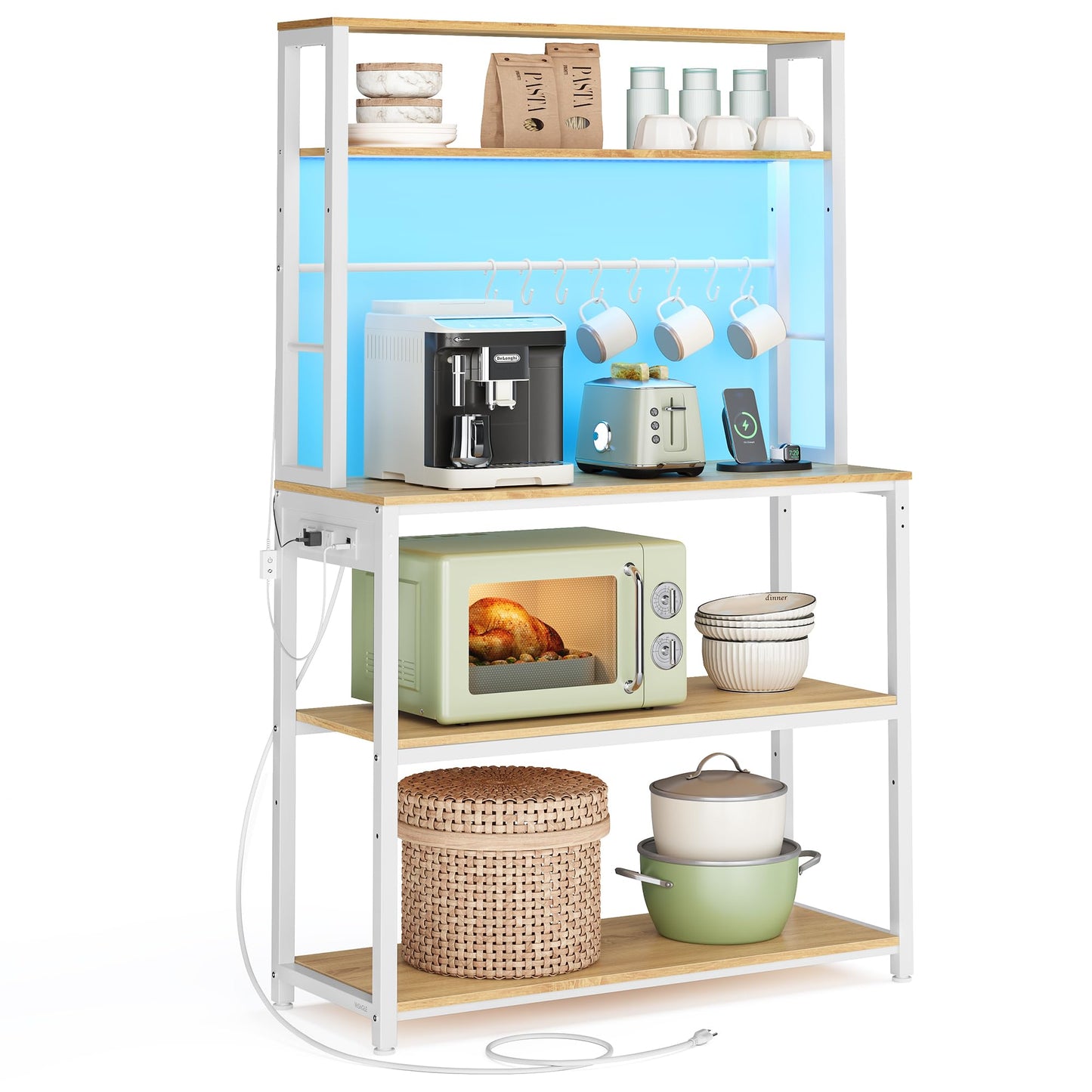 VASAGLE Coffee Bar with LED Lights, Kitchen Bakers Rack with Power Outlet, Microwave Stand with Adjustable Shelves, 8 Hooks, 15.7 x 31.5 x 65.7 Inches, Golden Oak and Matte White UKKS050Y01
