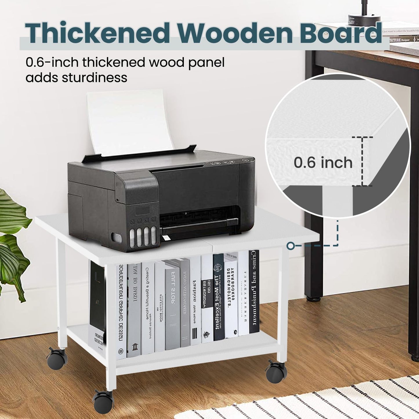 SwaaVee Printer Stand, 2-Tier Under Desk Printer Stand, Printer Cart with Wheels for Home, Office, Heavy-Duty Storage Shelf, White