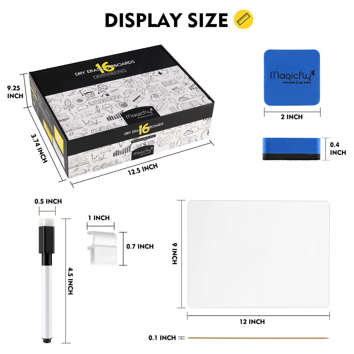 Magicfly Double-Sided Small White Board for Classroom, 9 x 12 Inches Dry Erase Lap Boards, Bulk Pack of 16 Mini White Board for Student, Teachers, Office, with 16 Pens, 16 Erasers & 16 Pen Clips