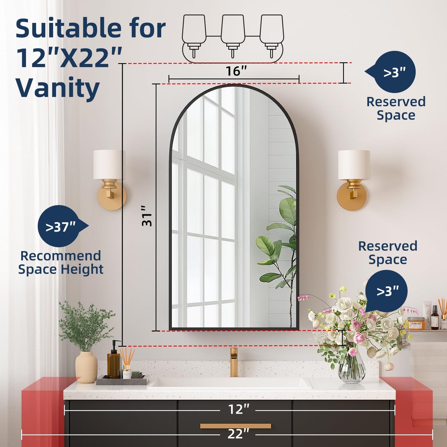 YTSMIR Medicine Cabinets for Bathroom, Black Arched Medicine Cabinet Recessed or Surface Wall-Mounted,Modern Bathroom Vanity Mirror with Storage, Mirrored Cabinet with Adjustable Shelves,16x31 Inch