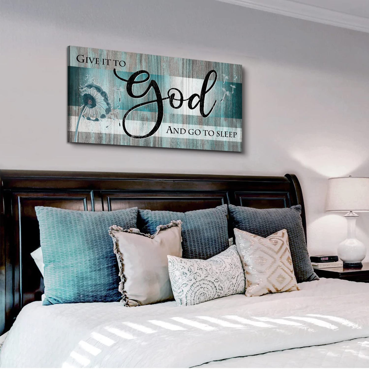 Christian Wall Art Bible Verse Wall Decor Give It to God and Go to Sleep Bedroom Pictures Teal Faith Quote Canvas Painting Religious Scripture Poster Dandelion Artwork Living Room Decorations 20x40"