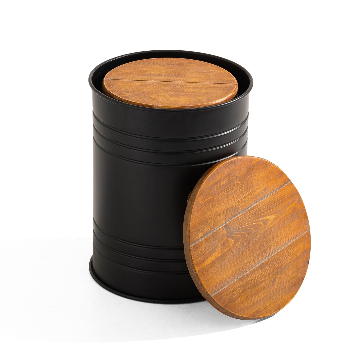 Glitzhome Rustic End Table Set of 2, Farmhouse Galvanized Metal Barrel Ottoman Storage Stool with Round Wood Lid for Living Room Furniture, Black
