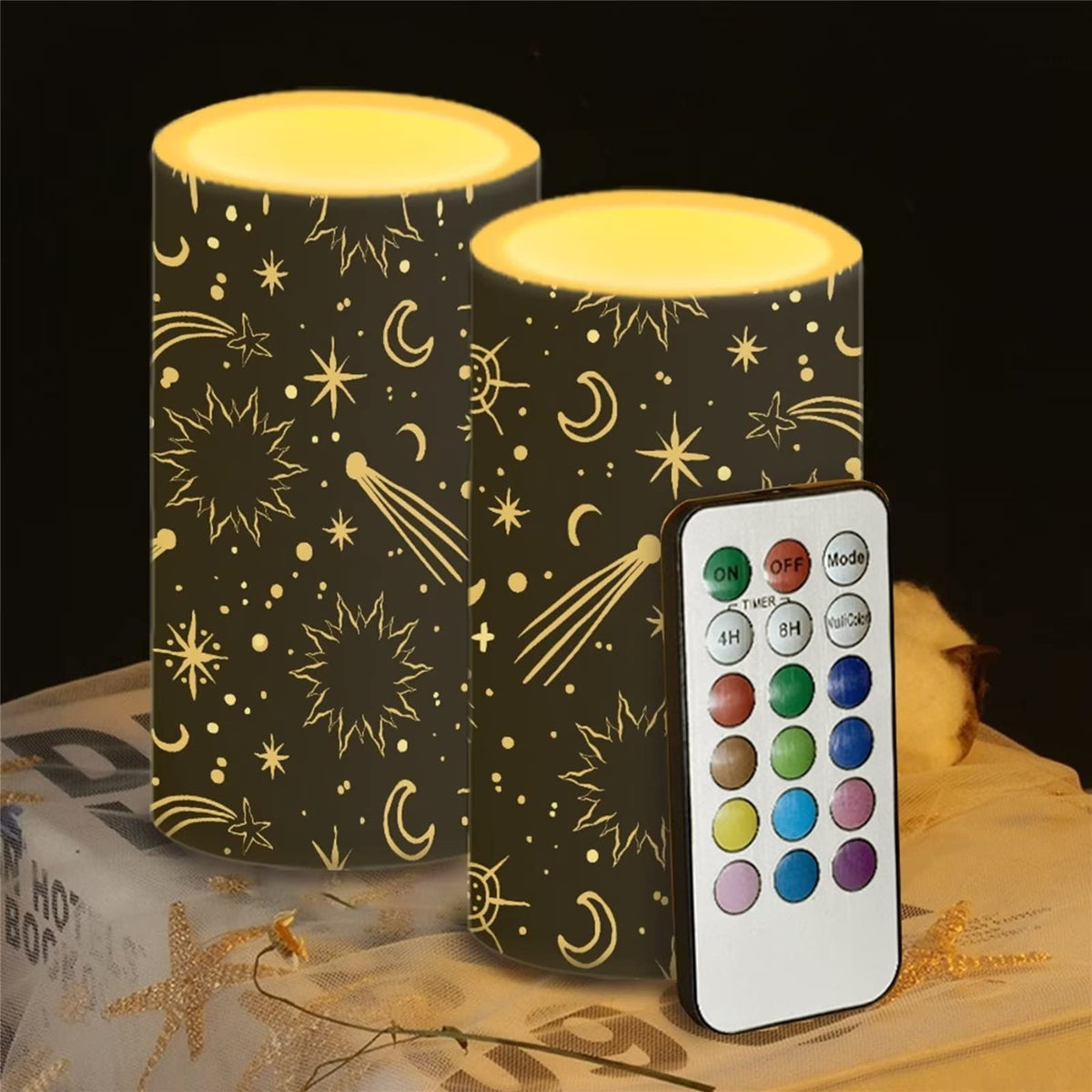 Cozeyat Star Moon Print Flickering Electric Tealights for Indoor Outdoor Decor,2 Pieces Flameless Votive Tea Lights,Real Wax Pillar LED Candles Battery Operated,Waterproof