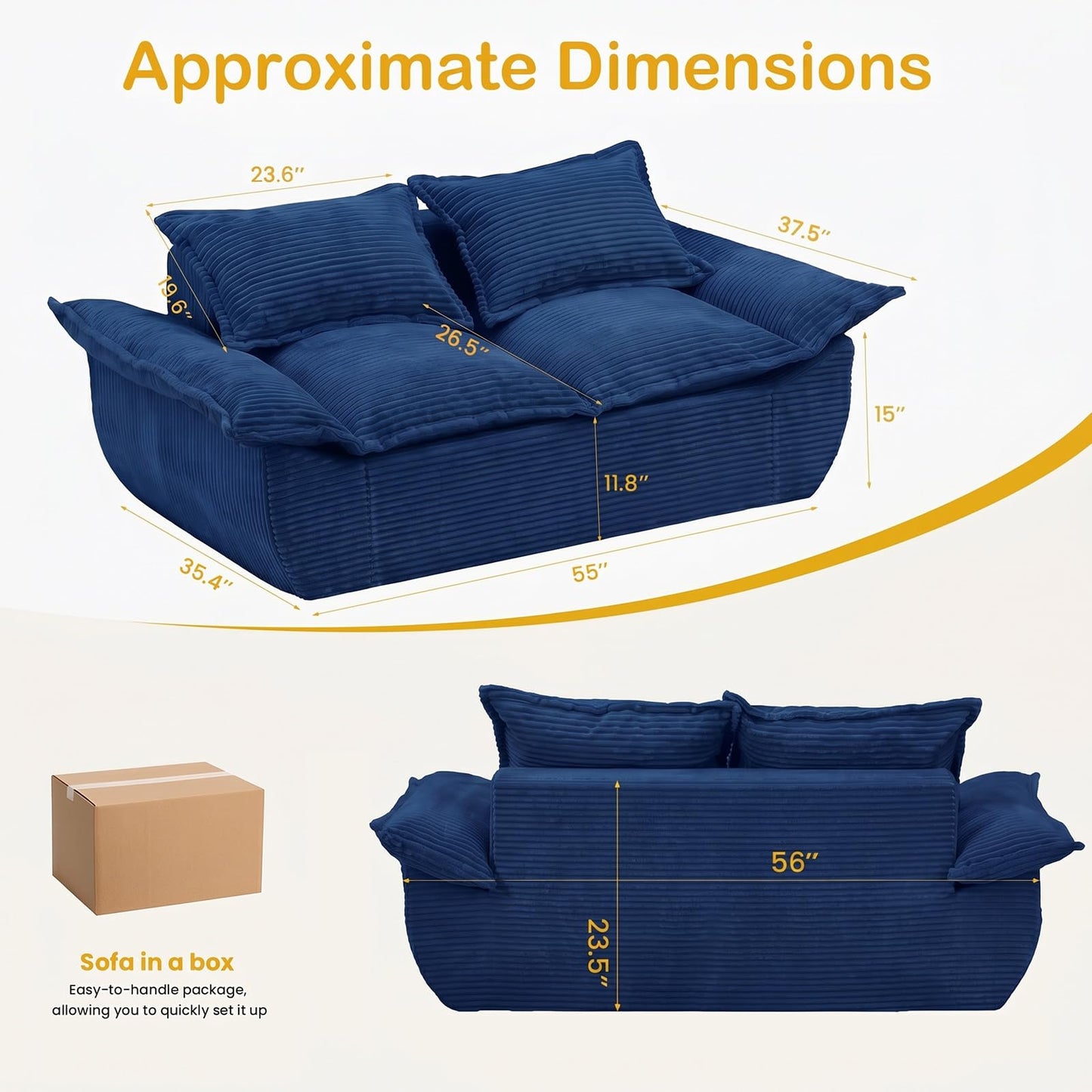 AOLVDOW 56" Boneless Loveseat, 2-Seater Boneless Sofa with Removable Cushions & 2 Pillows, Small Deep Seat Boneless Couch Compress Foam Sofa for Living Room, Apartments, & Office (Blue, Loveseat)