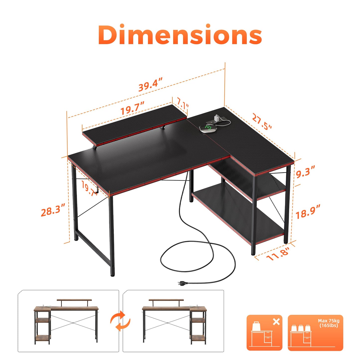 Mericonia Small L Shaped Computer Desk with Power Outlets, Reversible Gaming Desk with Storage Shelves & Monitor Stand, Corner Gamer Desk Table, Study Writing Table