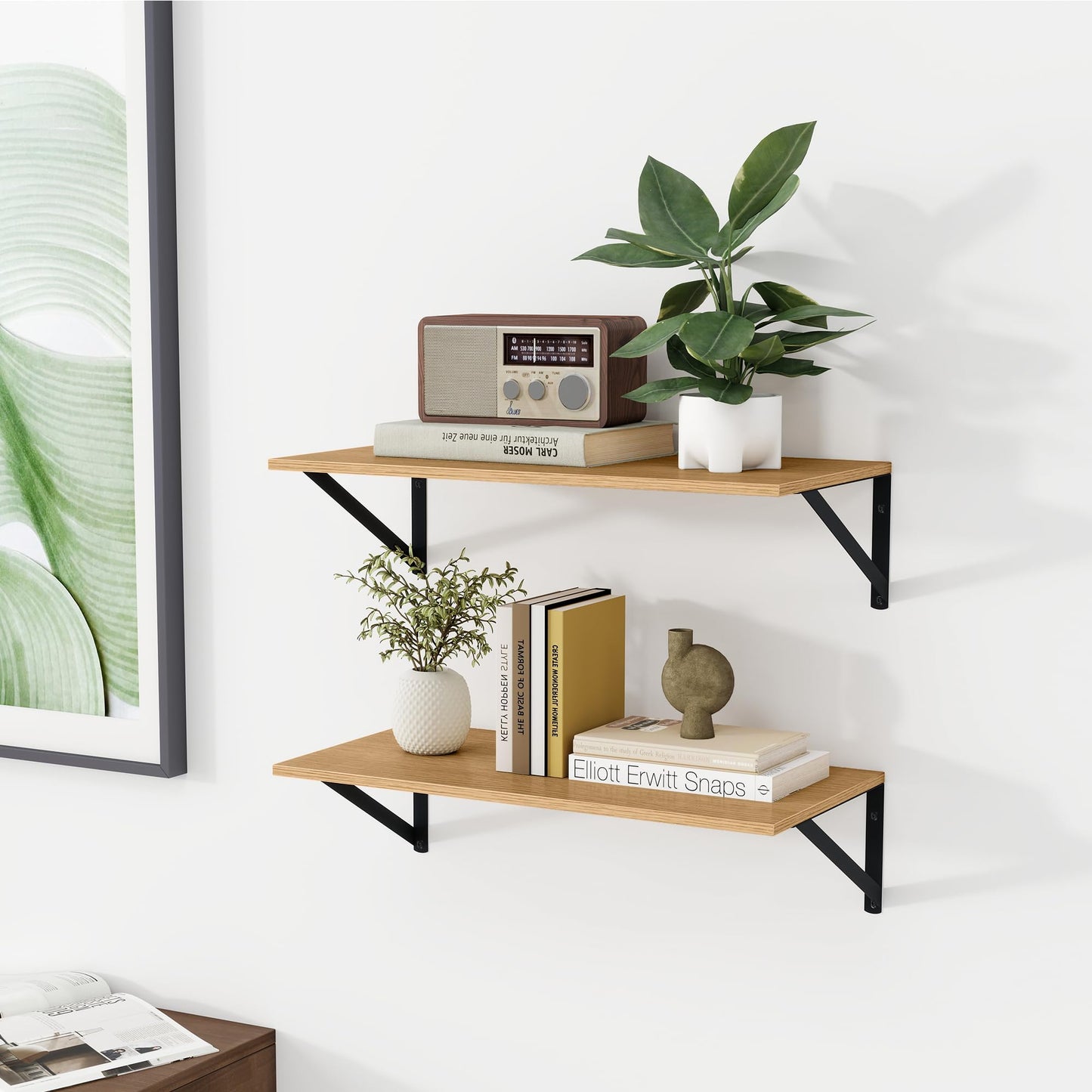 Heimlove 12 Inch Deep Floating Shelves for Wall, 24W x 12D Wood Wall Shelves Set of 2, Rustic Oak Wide Floating Bookshelf for Living Room, Kitchen, Office, Bedroom, with Black Metal Bracke - Oak