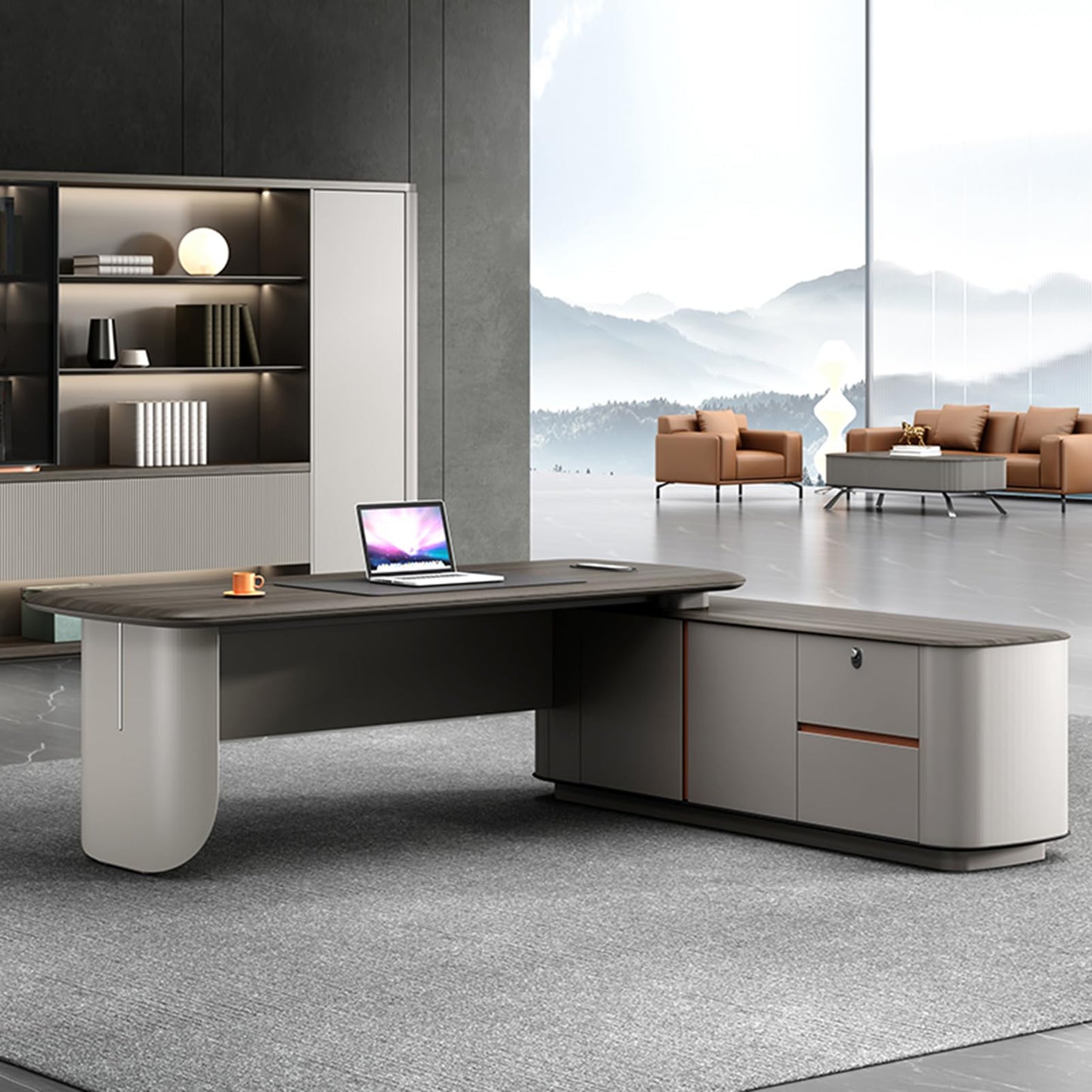 LSIGHTUS Wood Minimalist Style Computer Desk, L-Shaped Executive Office Desk with File Drawers, Writing Study Table Business Furniture Set for CEO Boss