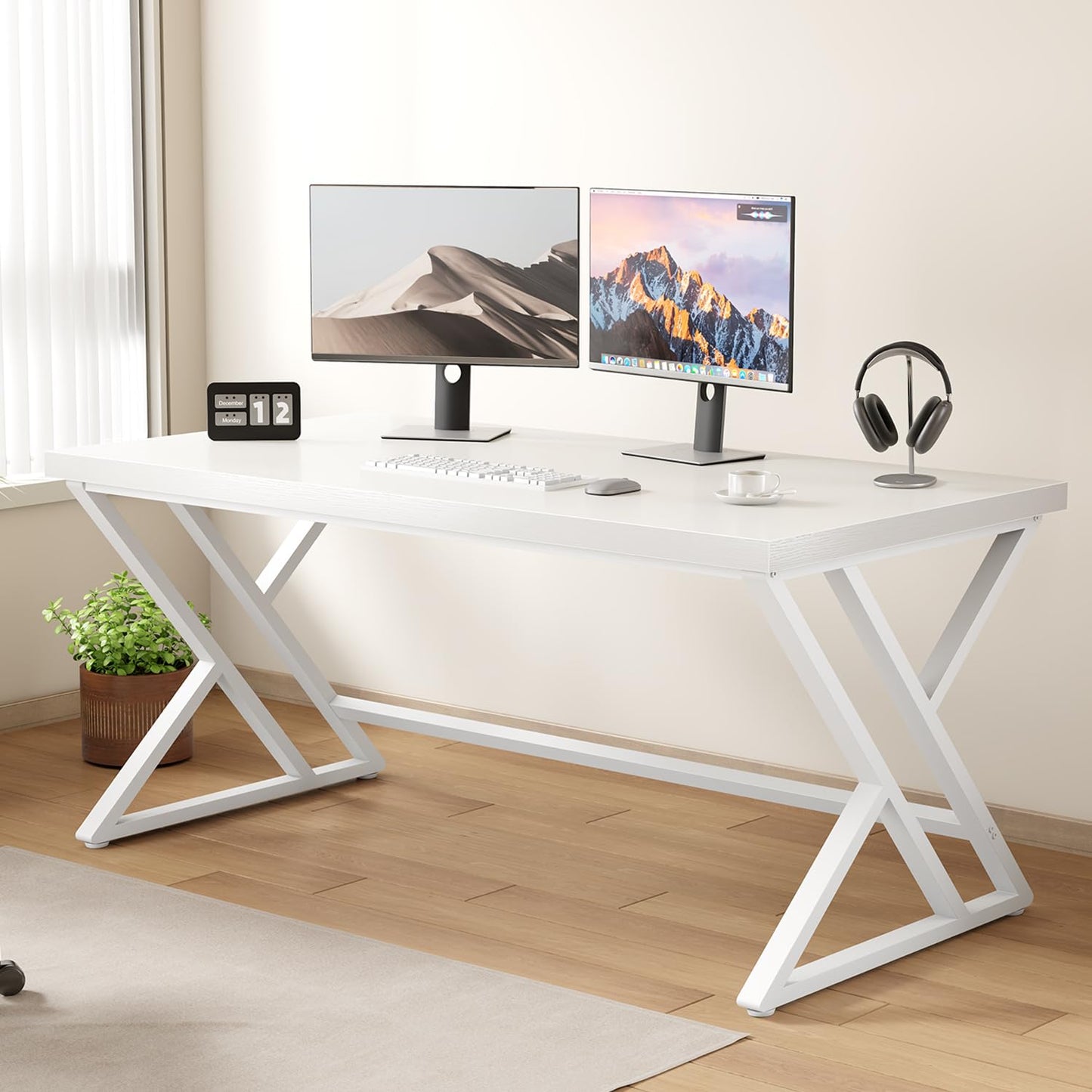 LVB White Computer Desk, Modern Wood Home Office Desk for PC Writing Work, Metal Wooden Executive Workstation Student Simple Desk, Computer Study Gaming Bedroom Table, 55 Inch, White Oak