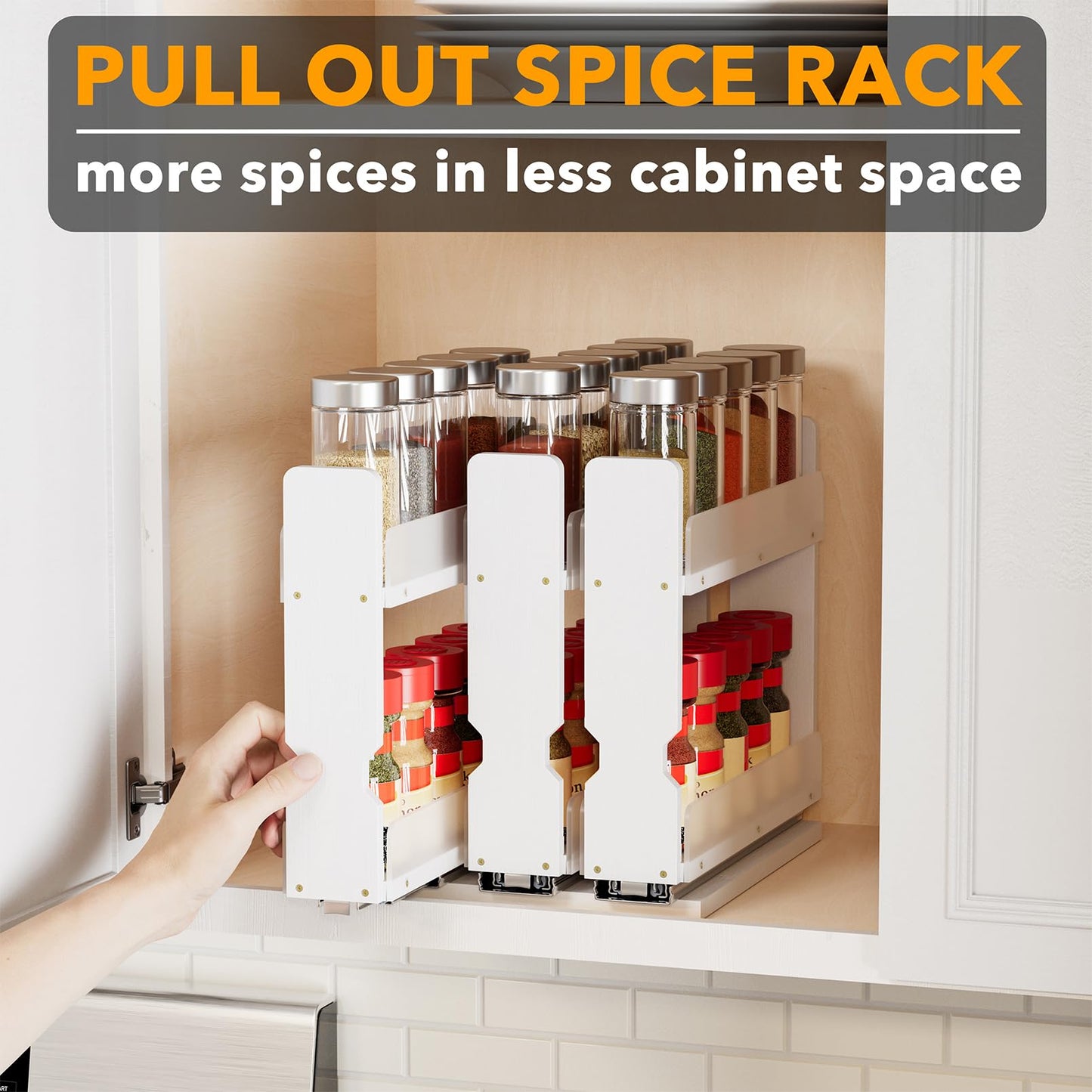 SpaceAid Bamboo Pull Out Spice Rack Organizer for Cabinet, Heavy Duty Slide Out Seasoning Kitchen Pantry Sliding Vertical Organization, 7.6" Wide, 3 Drawers(2" Wide), 2-Tier, White