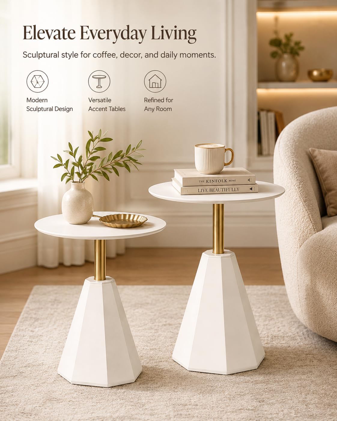 goldwork Round Wood Side Table, Set of 2, Coffee Nightstand Cocktail Drink Modern Accent Circle End Table, Wood Pedestal Base for Living Room, Bedroom, Small Spaces, Offices, Ivory