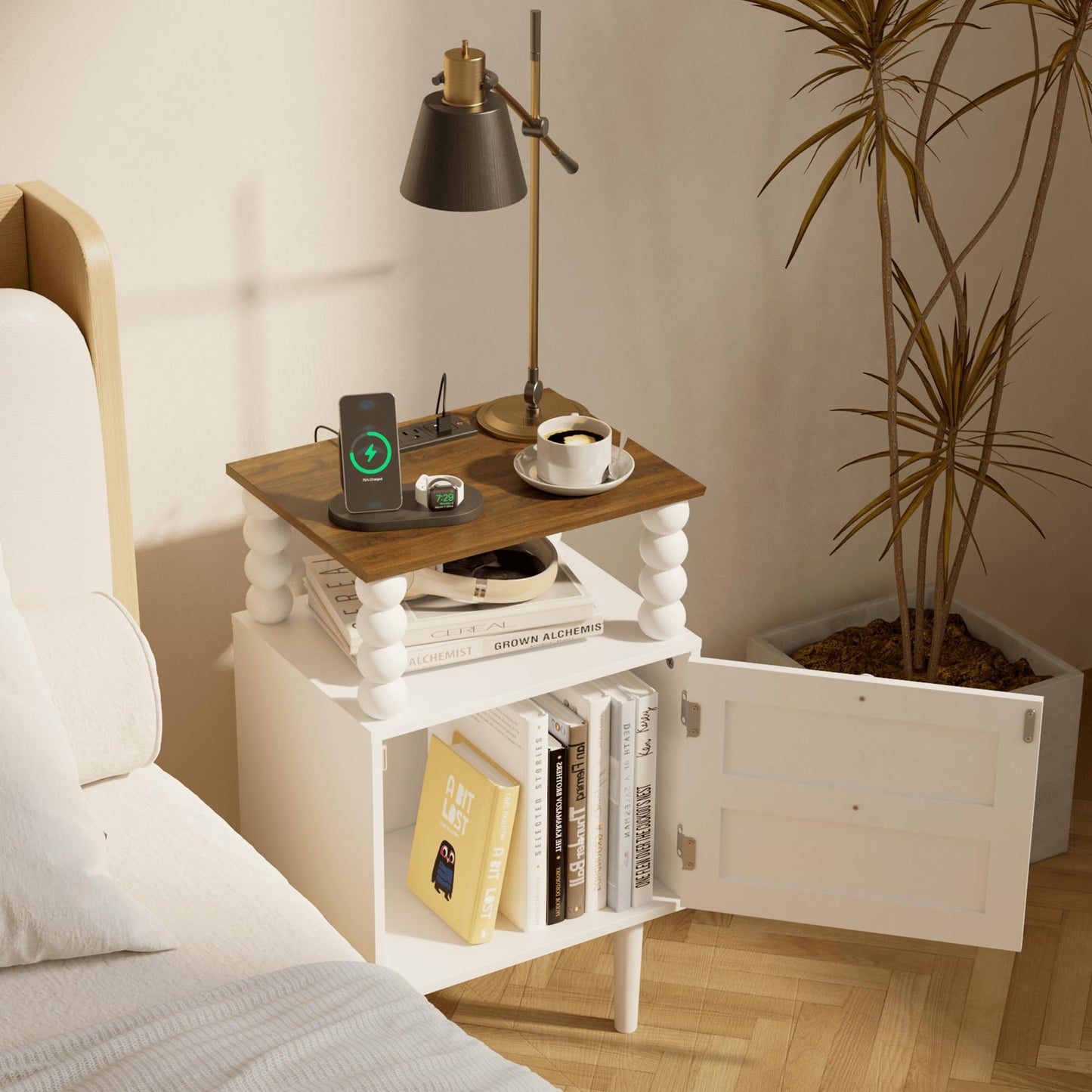 Veegle White Nightstand with Charge Station,Modern Bedside Table with Storage Drawer and Open Wood Shelf, for Bedroom and Small Spaces,Night Stand with Solid Wood Legs (White)