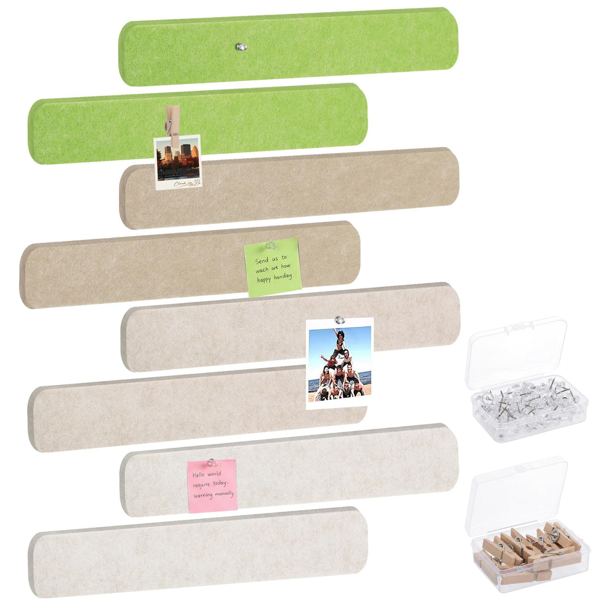 Thboxes 8 Pack Felt Bulletin Board Strips, 13x2 Inch Self Adhesive Felt Pin Boards with 50 Pushpins and 10 Wooden Clips Push Pins, Cork Board for Walls Home Office Decor(Natural Earth Tones)