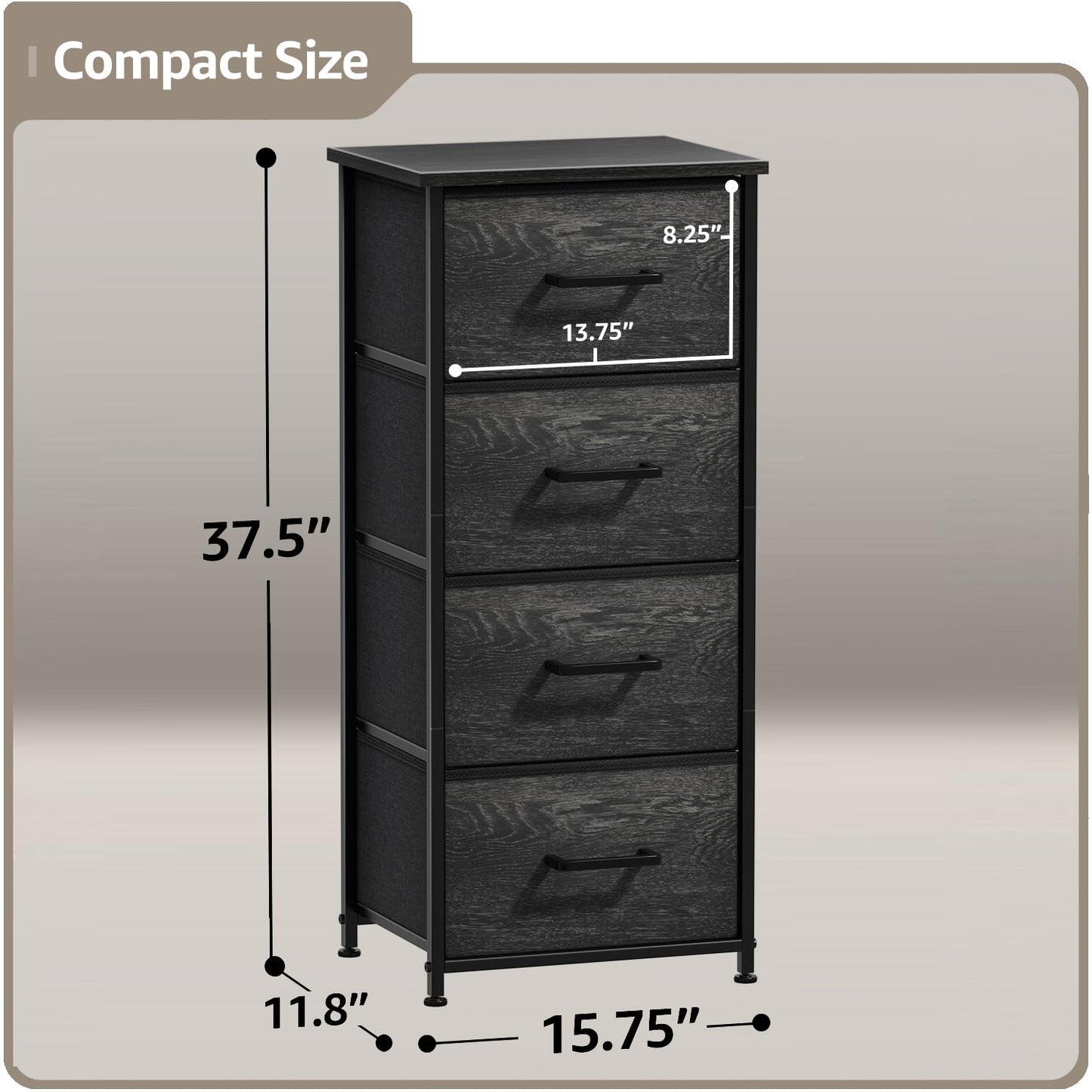 Sorbus Nightstand Dresser with 4 Faux Wood Drawers - Tall Bedside Table Chest with Storage, Steel Frame, Wood Top, Easy Pull Fabric Bins for Bedroom, Living Room, Closet & Dorm Furniture Lamp Stand