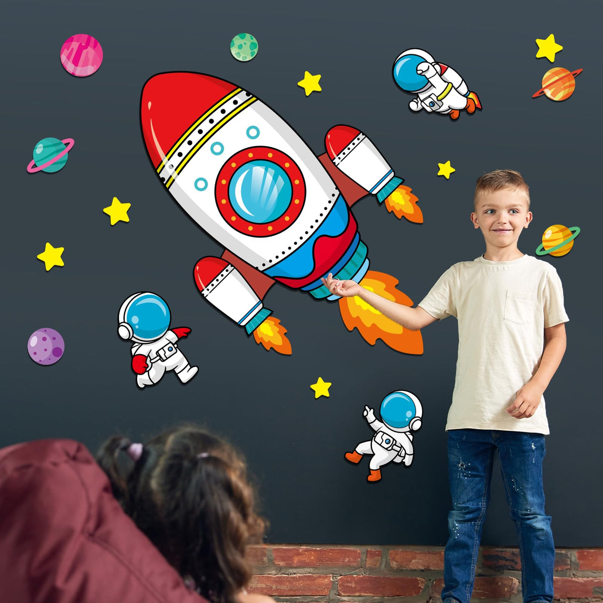 55In Large Outer Space Bulletin Board Set Rocket Ship Cutout Classroom Decorations for Teachers Astronaut Planet Cutouts Galaxy Back to School Supplies Welcome Sign for Preschool Chalkboard Door Decor