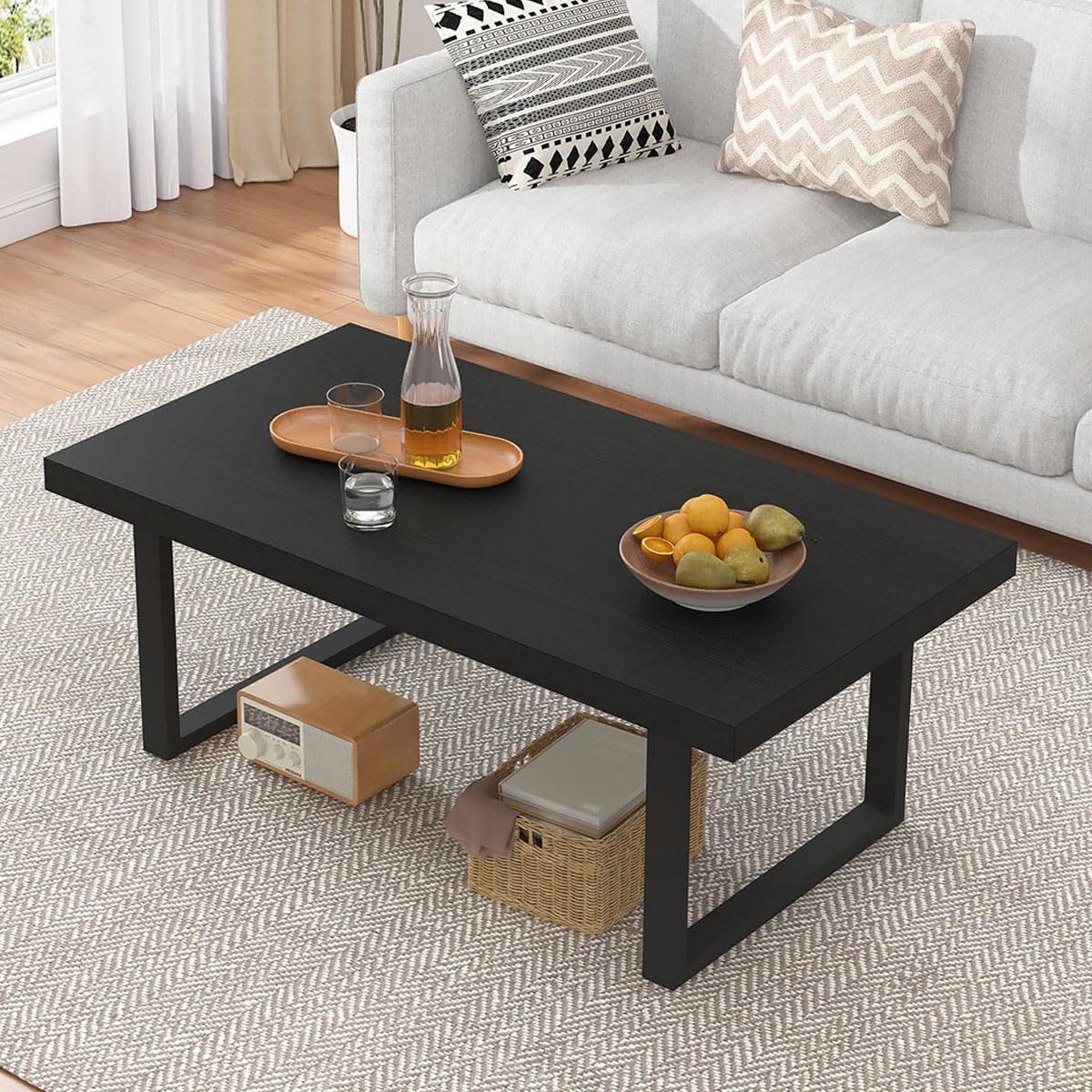 IBF Black Coffee Table, Minimalist Industrial Wooden Center Table, Modern Simple Rectangle Living Room Table, Farmhouse Wood and Metal Cocktail Coffee Table for Home Bedroom Office, Black Oak, 39 inch