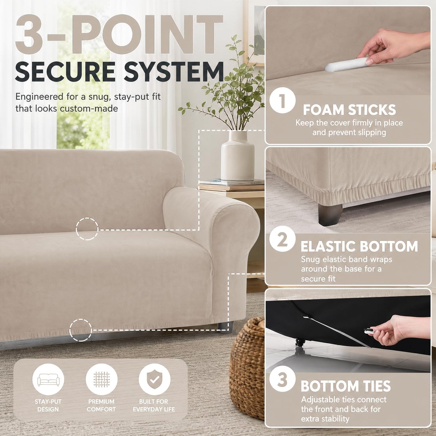 YEMYHOM Real Velvet Couch Covers for 2 Cushion Couch High Stretch 1 Piece Loveseat Slipcover for Pets Dogs Anti Slip Love Seat Sofa Slipcover Furniture Protector (55"-69", Khaki)