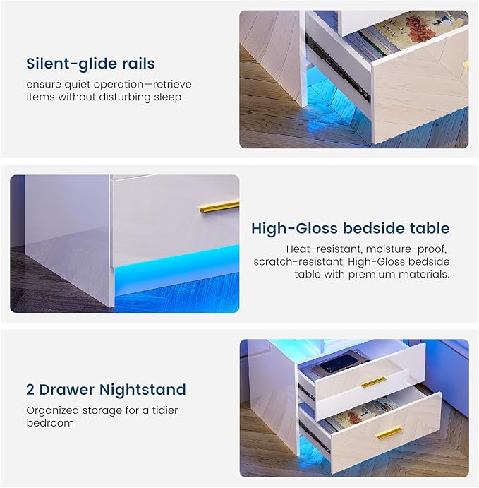 HNEBC Nightstand Set of 2 with Charging Station, Auto LED Night Stand with