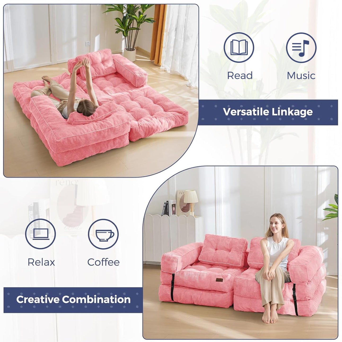MAXYOYO Convertible L Shape Corner Sleeper Chair with Pillow Portable Fold Out Chair Bed, Floor Sofa Lounge for Living Room Bedroom, Pink
