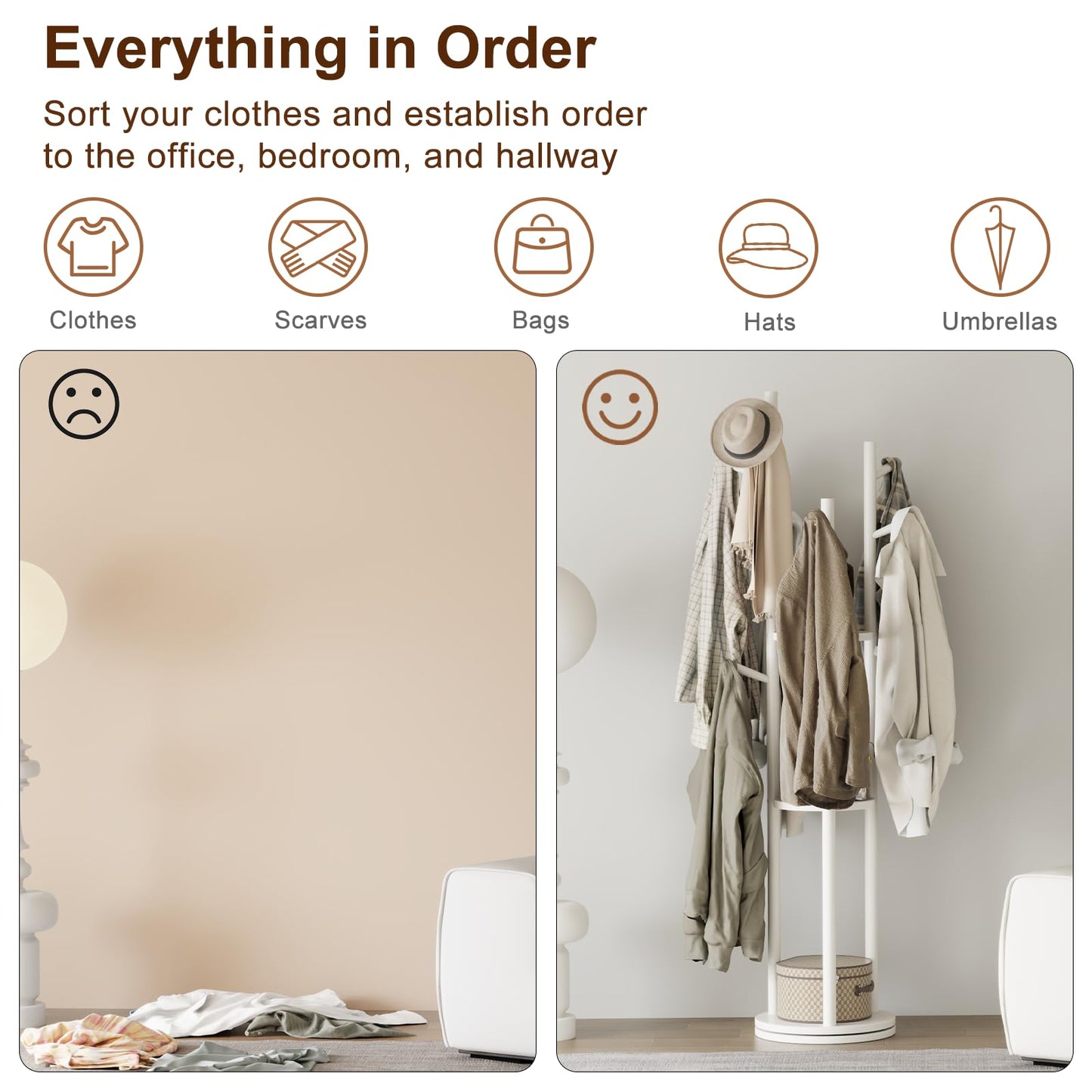Muwuele Solid Wood Rotary Coat Rack, Freestanding Coat Rack with 3 Shelves and 9 Hooks, Coat tree for Bedroom, Entryway, Livingroom, Coat Hanger Stand for Coats, Scarves, Handbags (White)