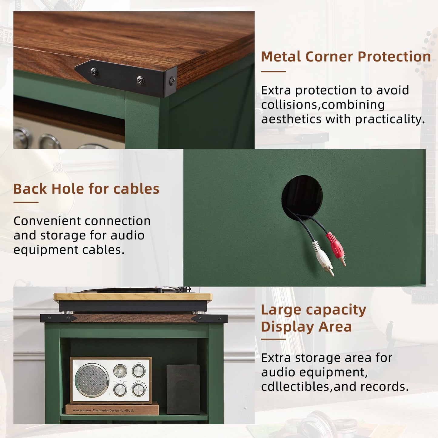 Joaxswe Record Player Stand with Vinyl Record Storage,Green Record Player Table Holds up to 160 Albums,Large Wood Turntable Stand Cabinet Dispaly Shelf for Living Room,Bedroom,Office