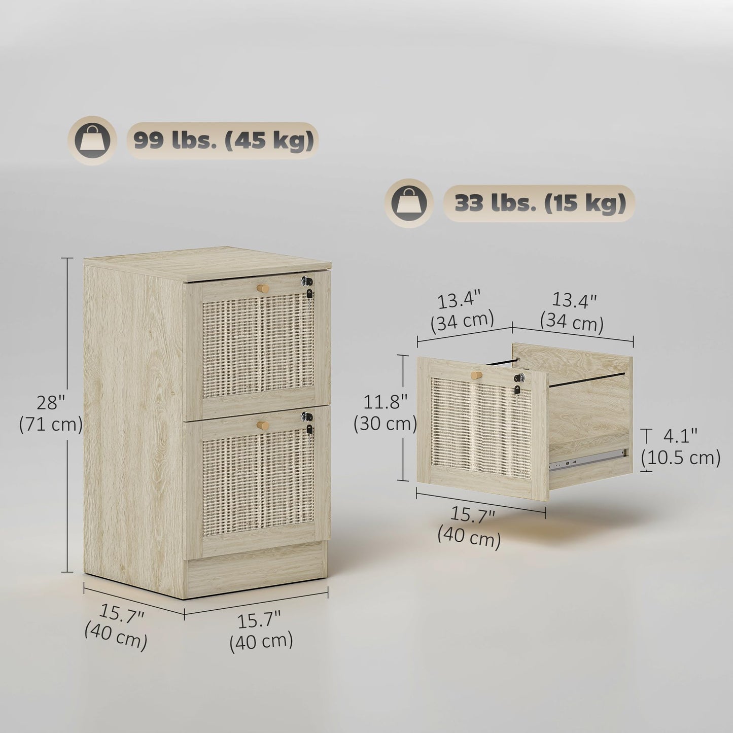 HOMCOM 2 Drawer File Cabinet with Lock, Boho Vertical Filing Cabinet for A4 Letter Size Files, Printer Stand with Decorative Rattan Accents for Home Office, Oak