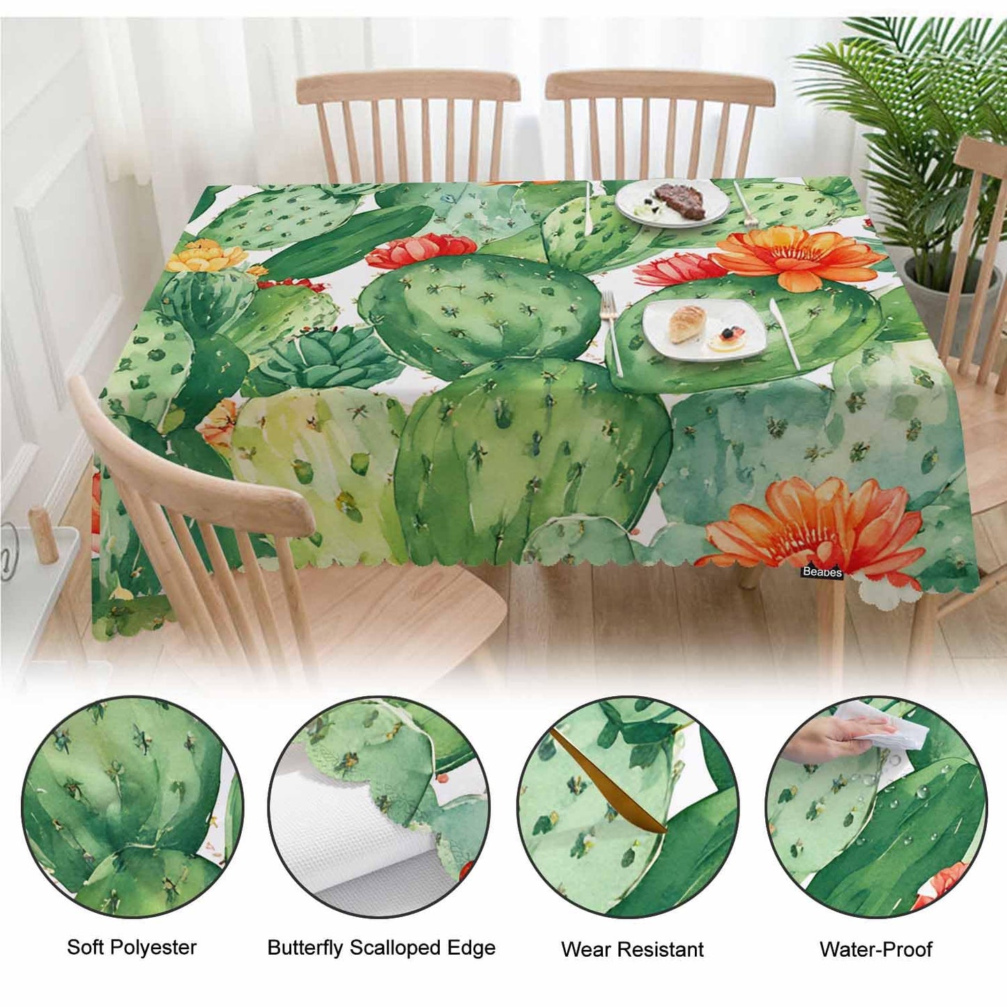Beabes Cactus Green Rectangular Tablecloth 70" x 52" for Indoor & Outdoor Use, Polyester, Wrinkle Resistant, Fits Tables Seating 4-6