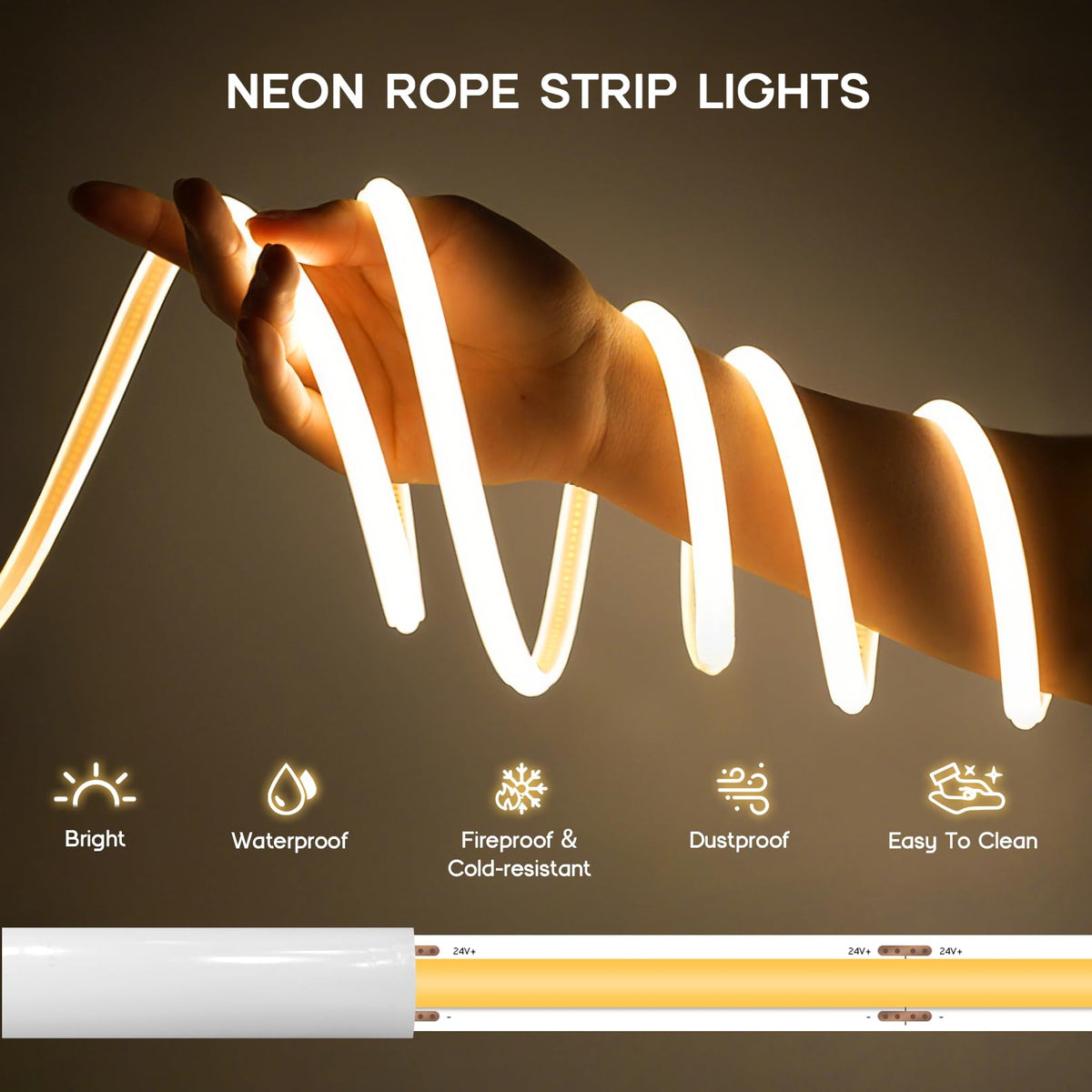 VOEWT LED Neon Lights Warm White 3000K,98.4ft 110-120V LED Strip Lights,Flexible Outdoor Waterproof Neon Rope Lights for Bedroom,Cabinet,Kitchen,Living Room,Mirror,Halloween Decor