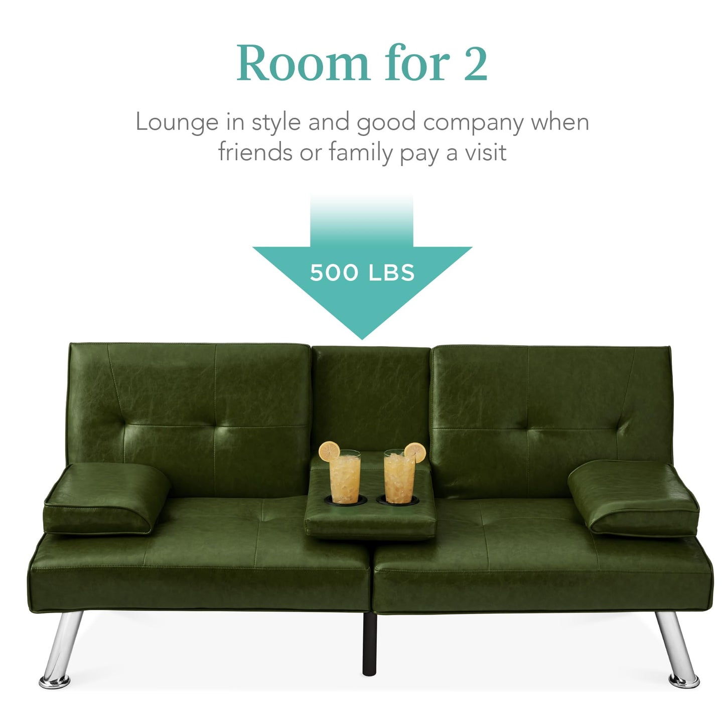Best Choice Products Faux Leather Upholstered Modern Convertible Futon, Adjustable Folding Sofa Bed, Guest Bed w/Removable Armrests - Dark Green